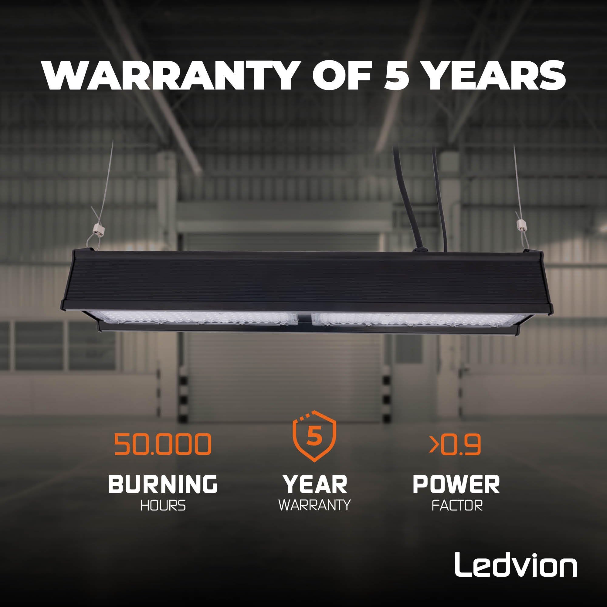 Ledvion - LED Lineal High Bay 100W (6000K, 175lm/W, regulable, IP65), 5 Años de Garantía, Eficiencia Energética