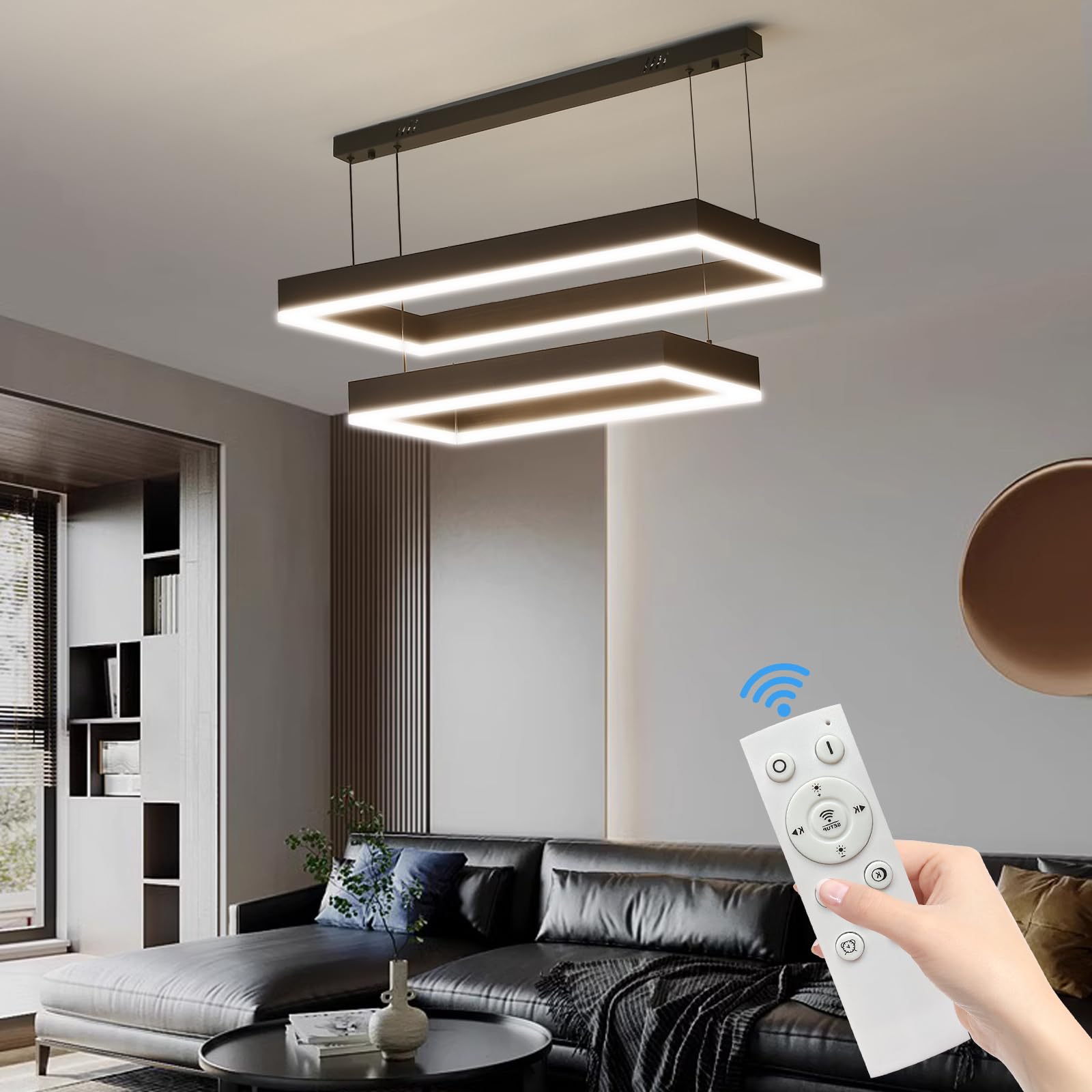 Mikeru LED Pendellampe, Schwarz 2 Ring 40+60CM Wohnzimmerlampe Kronleuchter, Unten Beleuchtet Moderner Kreativer 10%-100% Dimmbar Wohnzimmer Pendelleuchten mit Fernbedienung 150CM Höhenverstellbar