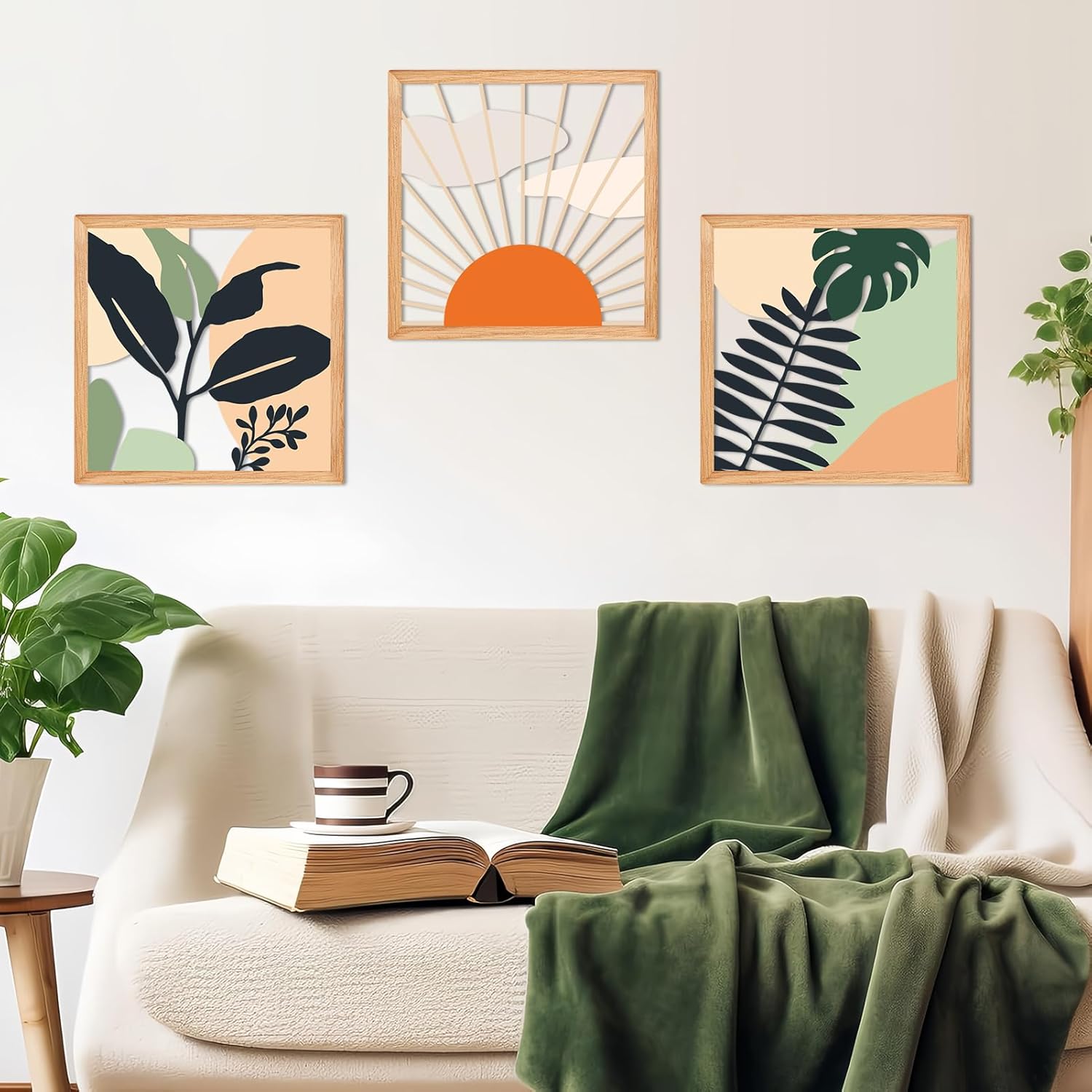 ESTART 3 Pcs Boho Wooden Wall Decor Living Room Wall Decor Bohemian Hanging Farmhouse Geometric Aesthetic Artwork, Mid Century Modern Design for Bedroom Dining Room Office, 51.2 x 15.7 inch