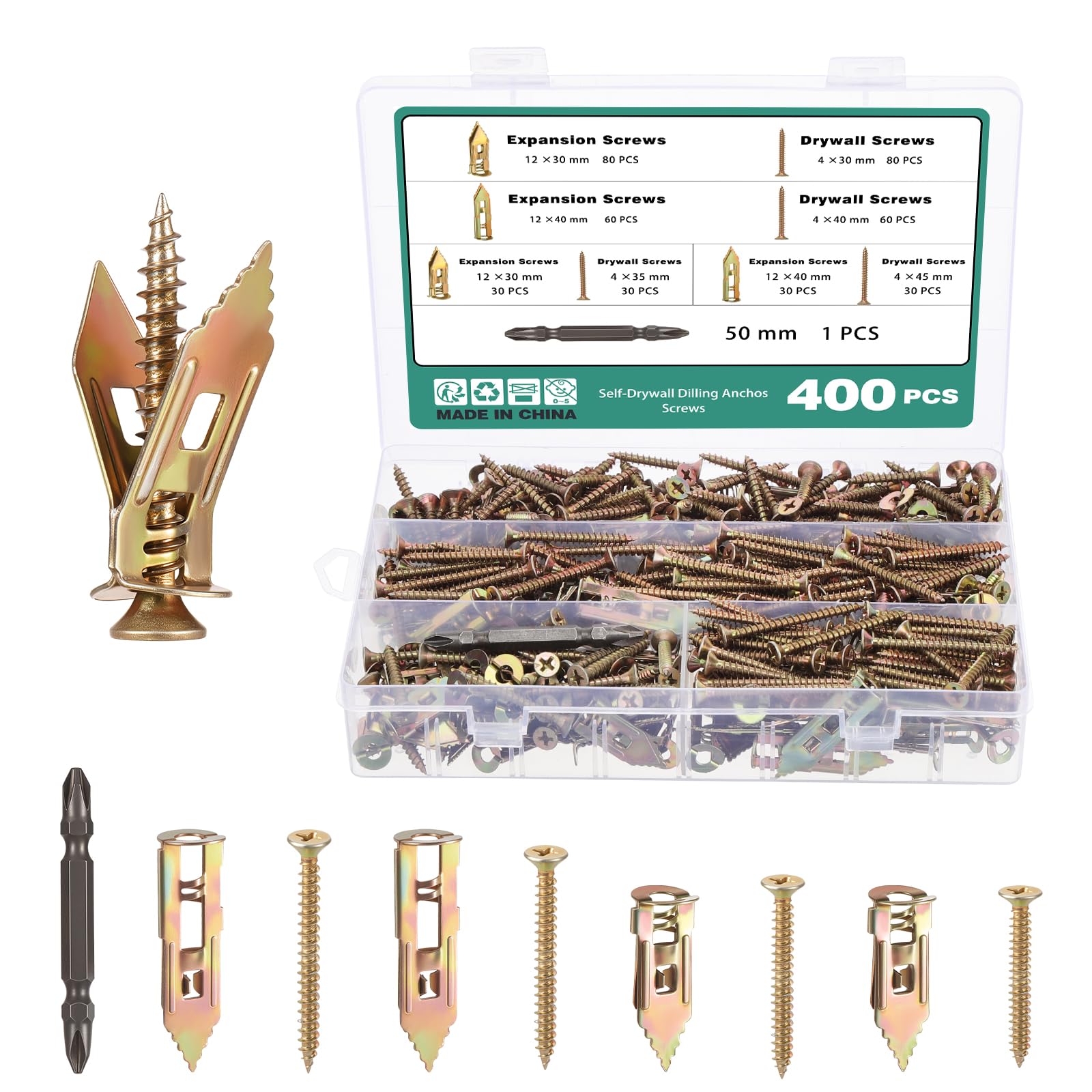 Faankiton 400PCS Self Drilling Drywall Anchors with Screws Kit, Dry Wall Anchor Screw Set 2 Sizes Sheetrock Anchors and 4 Sizes Dry Wall Screws, Zinc Plated Steel Expansion Fixings, No Drilling Needed