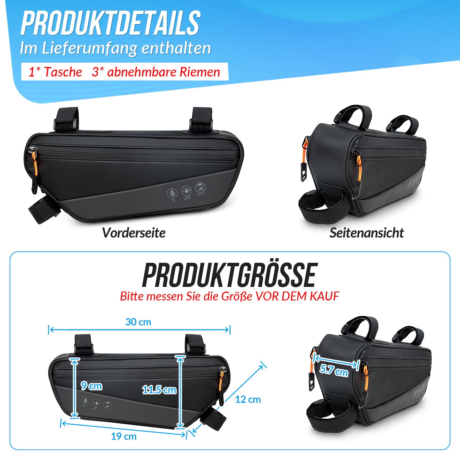 WOTOW Fahrradrahmentasche Dreiecktasche - 1,8 L wasserdichte Fahrradtasche mit Seitentasche, reflektierende Fahrradwerkzeugtasche 30 * 11,5 * 5,7 cm