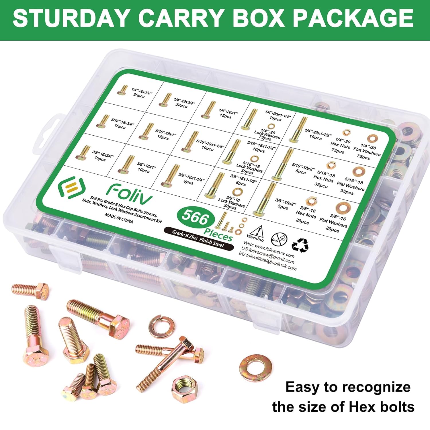 Foliv 566pcs Upgraded Grade 8 Bolt Assortment Kit, Including 1/4-20 5/16-18 3/8-16 Bolts Nuts Washers