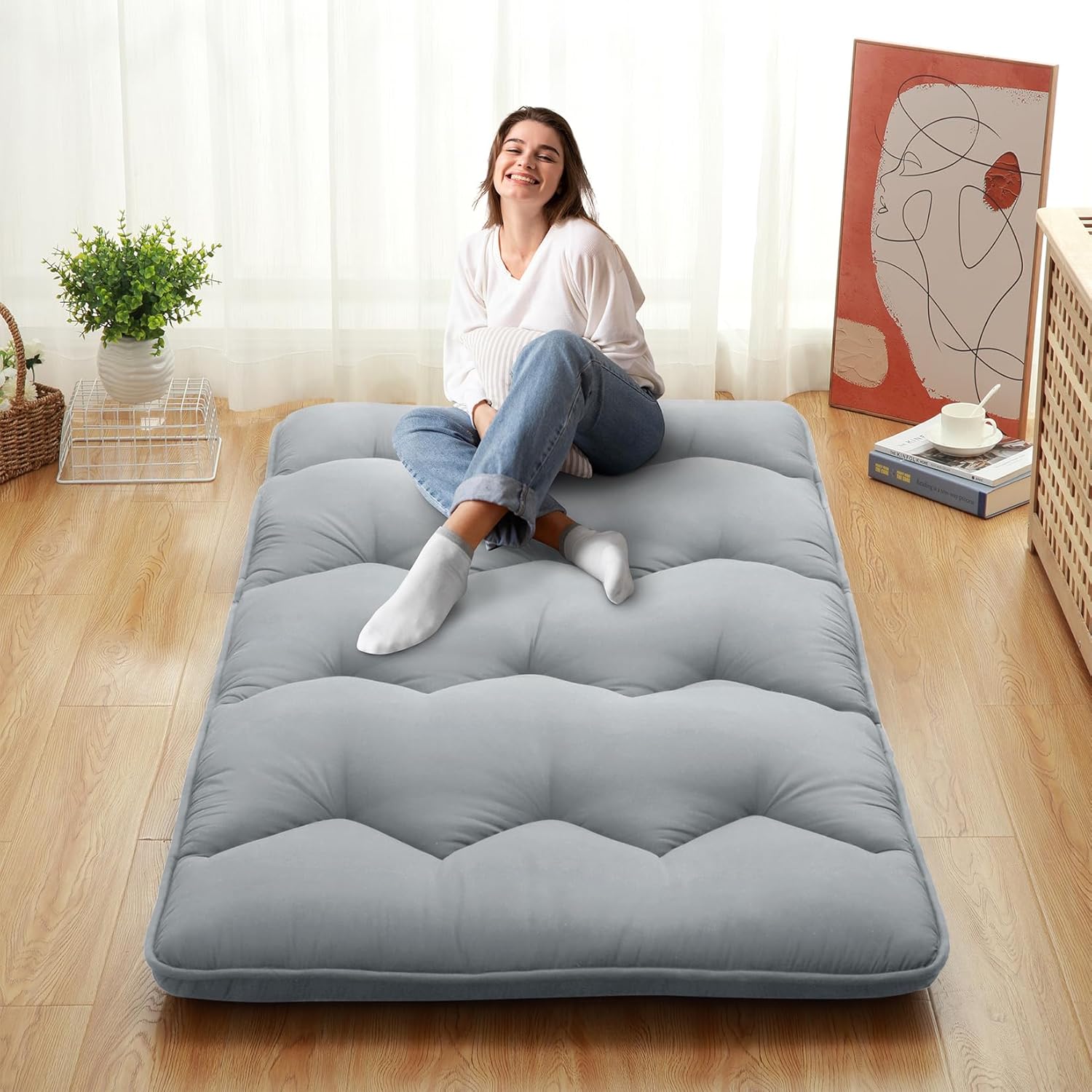 Japanese Futon Mattress, Twin Size Foldable Japanese Style Floor Mattress Roll Up, Tatami Mat, Camping Mattress Pad, Light Grey