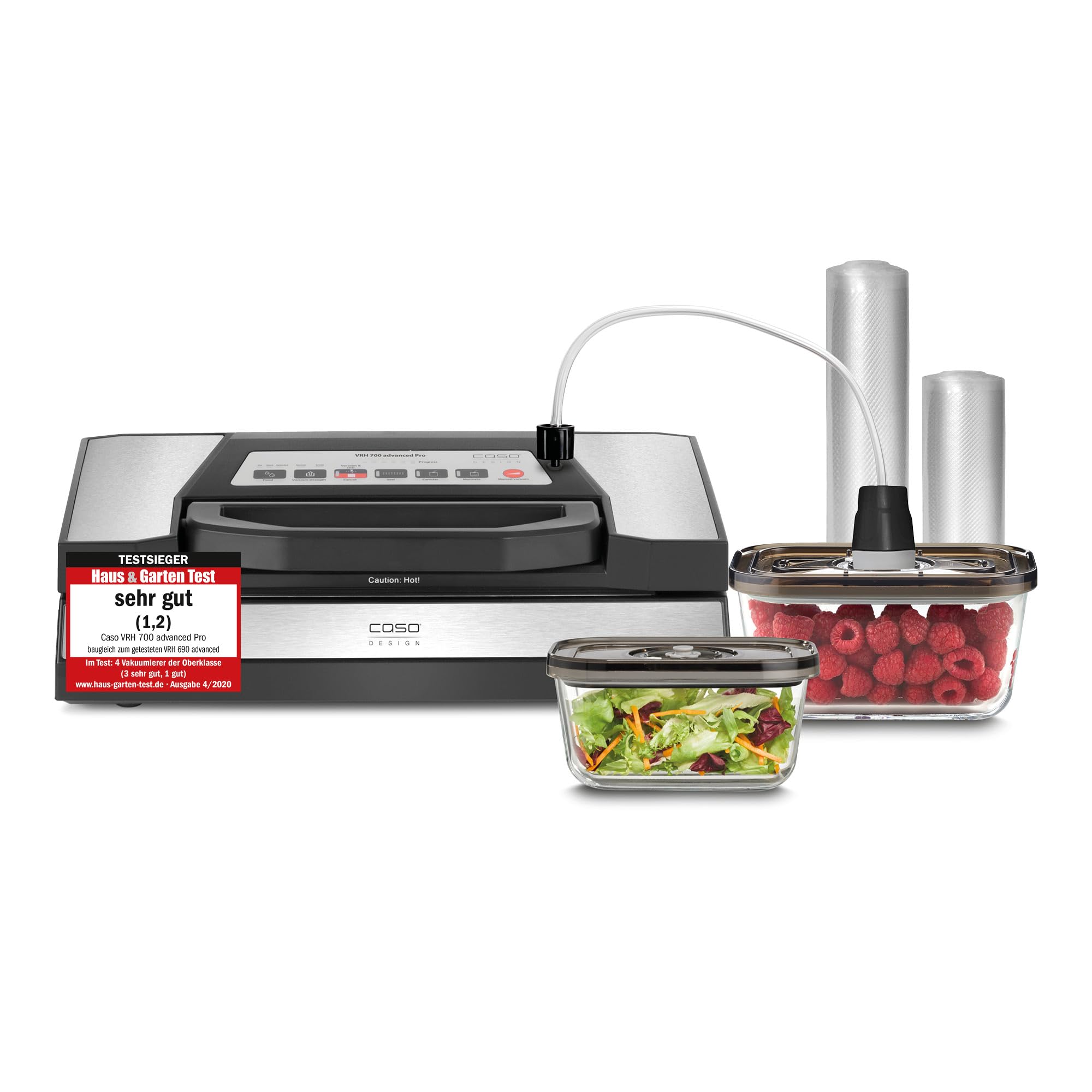 CASO VRH 700 advanced Pro Vakuumierer Testsieger, 150 Vakuumiervorgänge nonstop, doppelte Schweißnaht, 20 Liter/Min, Cutter, inkl. 2 Profi- Folien, inkl. 2 VacuBoxxen, inkl. 2 Aromaverschlüssen