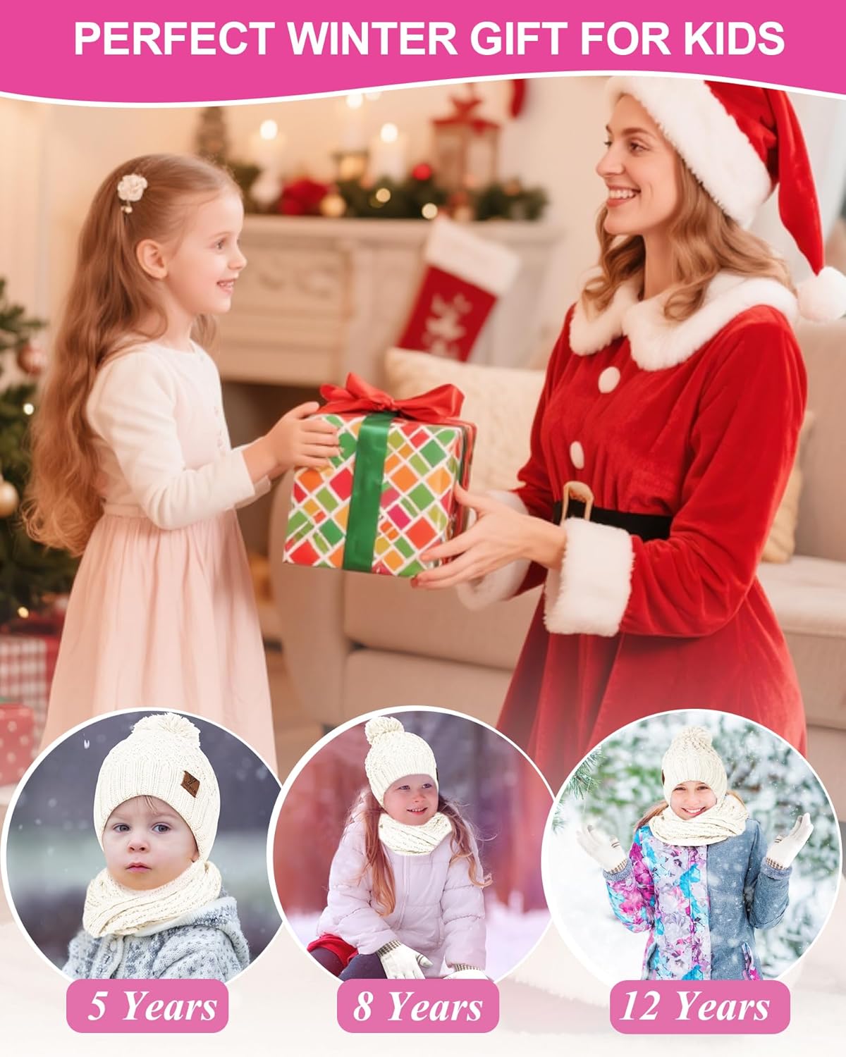 Kids Winter Hat Gloves Scarf Set, Girls Boys Toddler Winter Hat Beanie Pom Knitted Scarves Mittens Fleece Lined Age 5-12 - Image 7