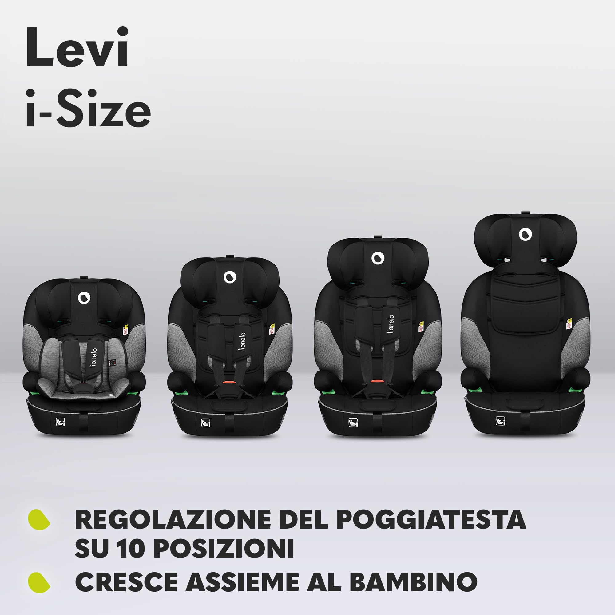 LIONELO Seggiolino Auto LEVI I-SIZE bambini 76-150 cm (ca.15 mesi - 12 anni') Protezione laterale, Poggiatesta 10 Livelli, Braccioli, Ampio e Comodo, Cinture a 5 punti, Universale, Lavabile, Gruppo123