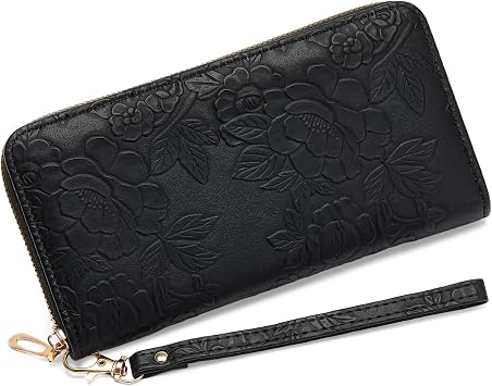 RNIEGA Wallet Women Clutch Leather Wristlet Wallet Fashion Embossed RFID Blocking Credit Card Holder with Strap