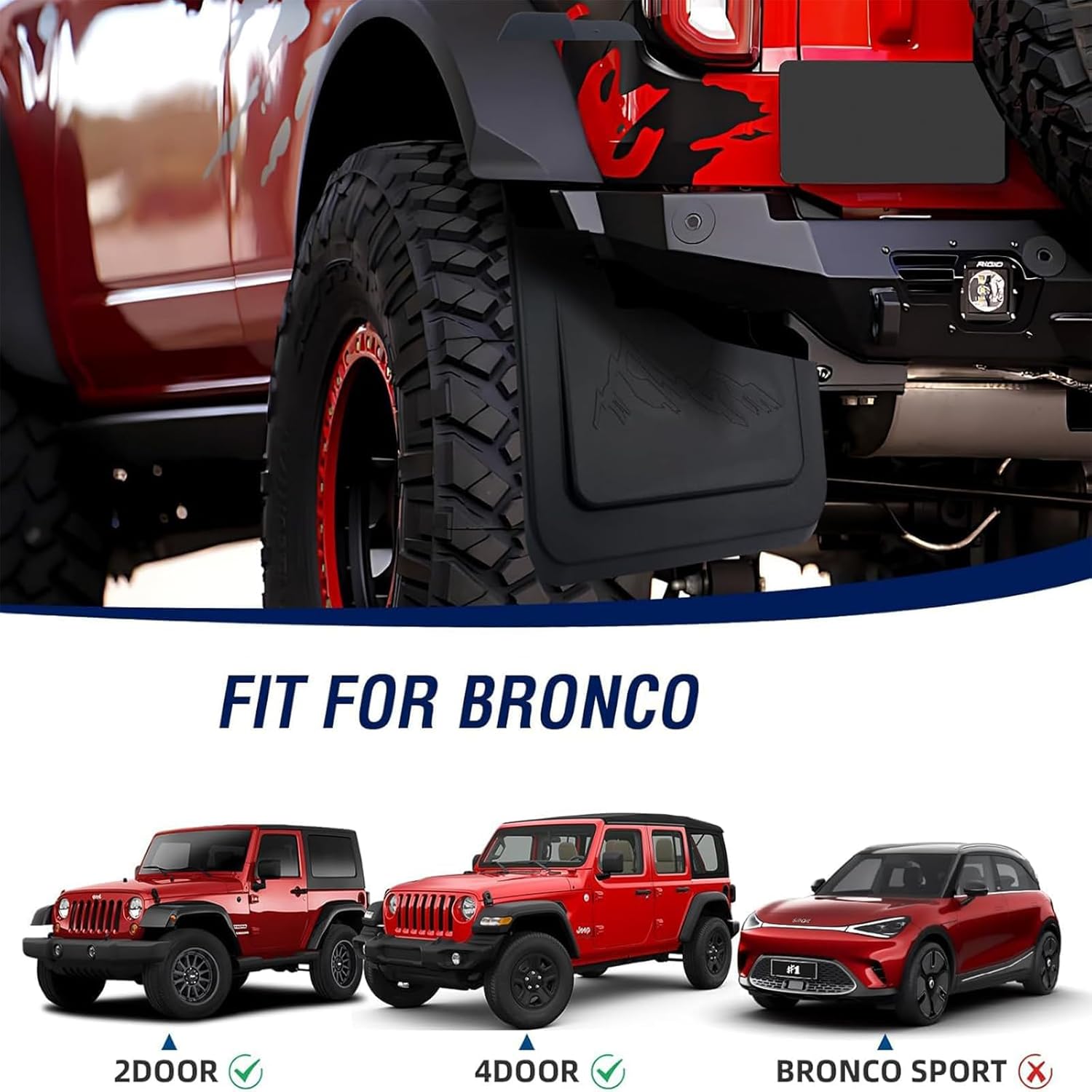 Mud Flaps Splash Guards Compatible with Ford Bronco 2-Door & 4-Door 2021–2024 No-Drill Front & Rear Mudguards Set of 4 Durable Off-Road Accessories