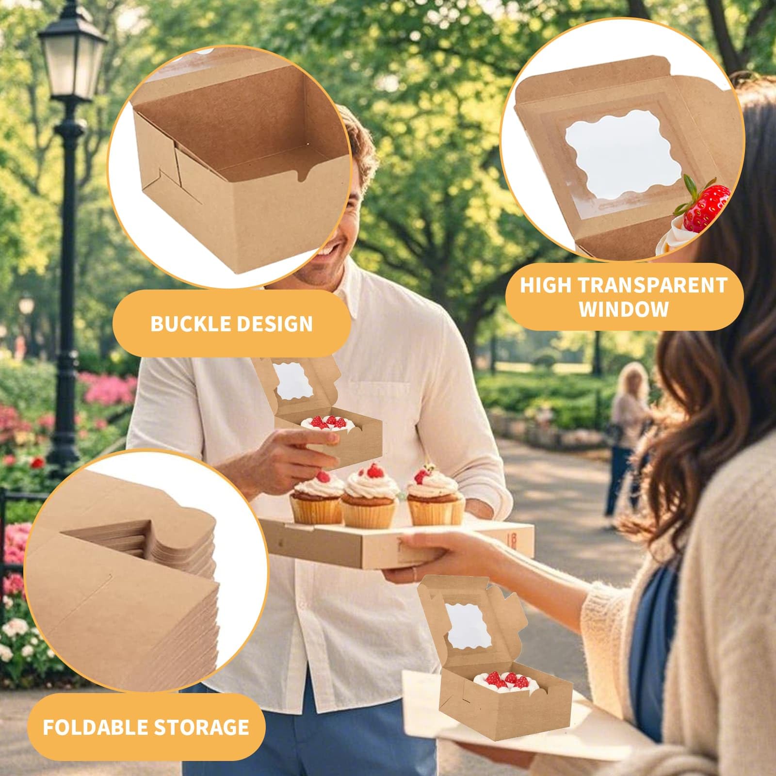 DYUEE 50 Pack Cake Boxes for Cake Portion Brown Cupcake Boxes with 60 Stickers, 3 Rolls of Ribbon - Image 4