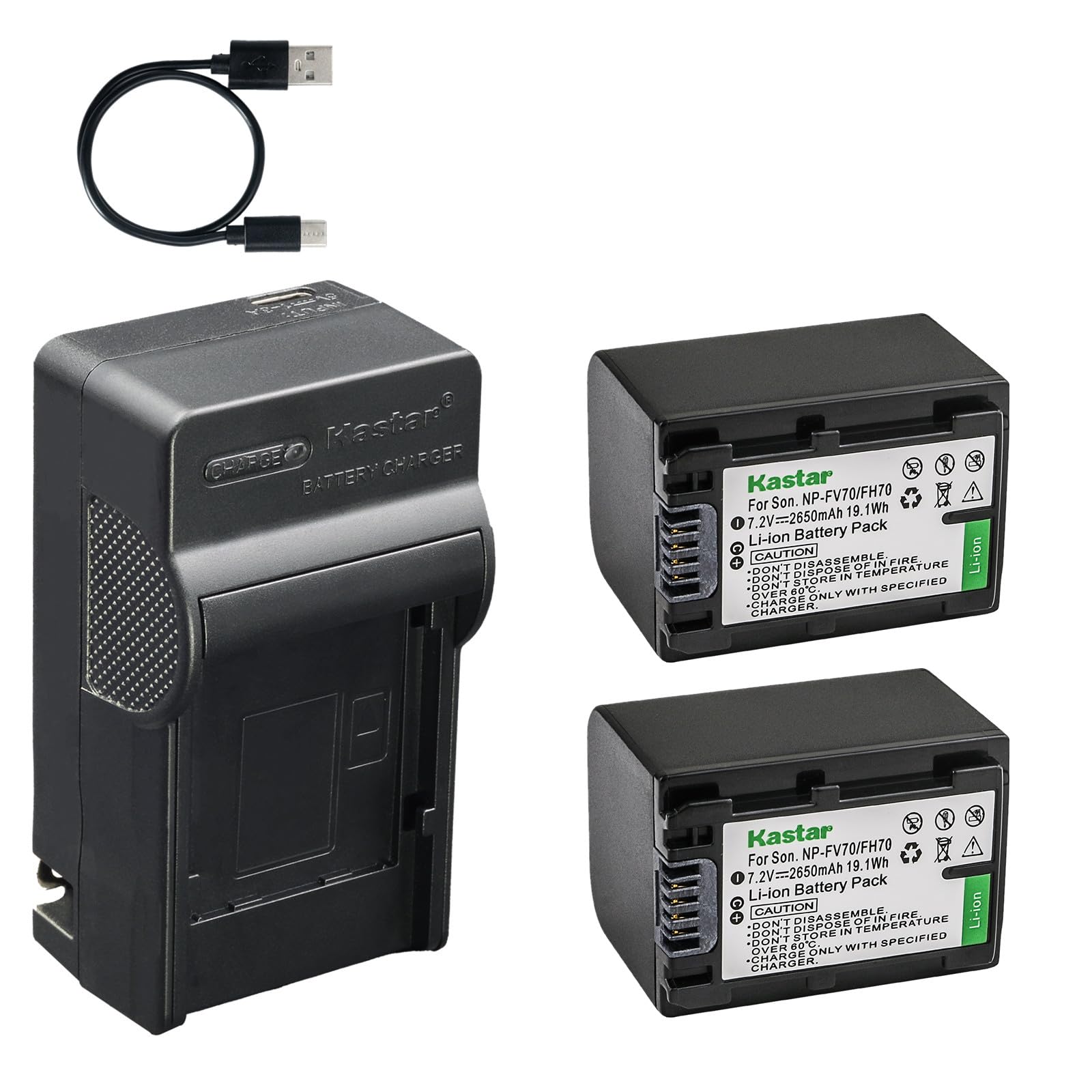 Kastar 2-Pack Battery and AC &amp; USB-C Charger, Compatible with Sony NP-FV30 FV50 FV70 FV90 FV100, DCR-PJ SR SX, FDR-AX, HDR-CX HDR-PJ HDR-TD HDR-XR, NEX-VG Series, HXR Series, PXW-Z90V PXW-X70 Cameras