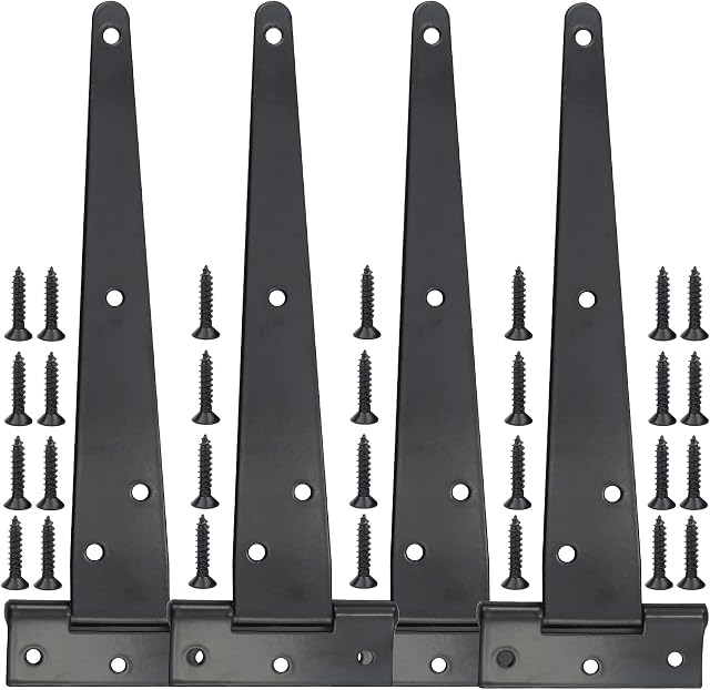 T Hinges ,4 Pcs 8 Inch T Strap Heavy Duty Black Metal Door Hinges, Used for Wood Doors, Outdoor Wooden Fences, Shed Doors, Gates,Cabinets,Windows(100/150/200mm) (8 inch)