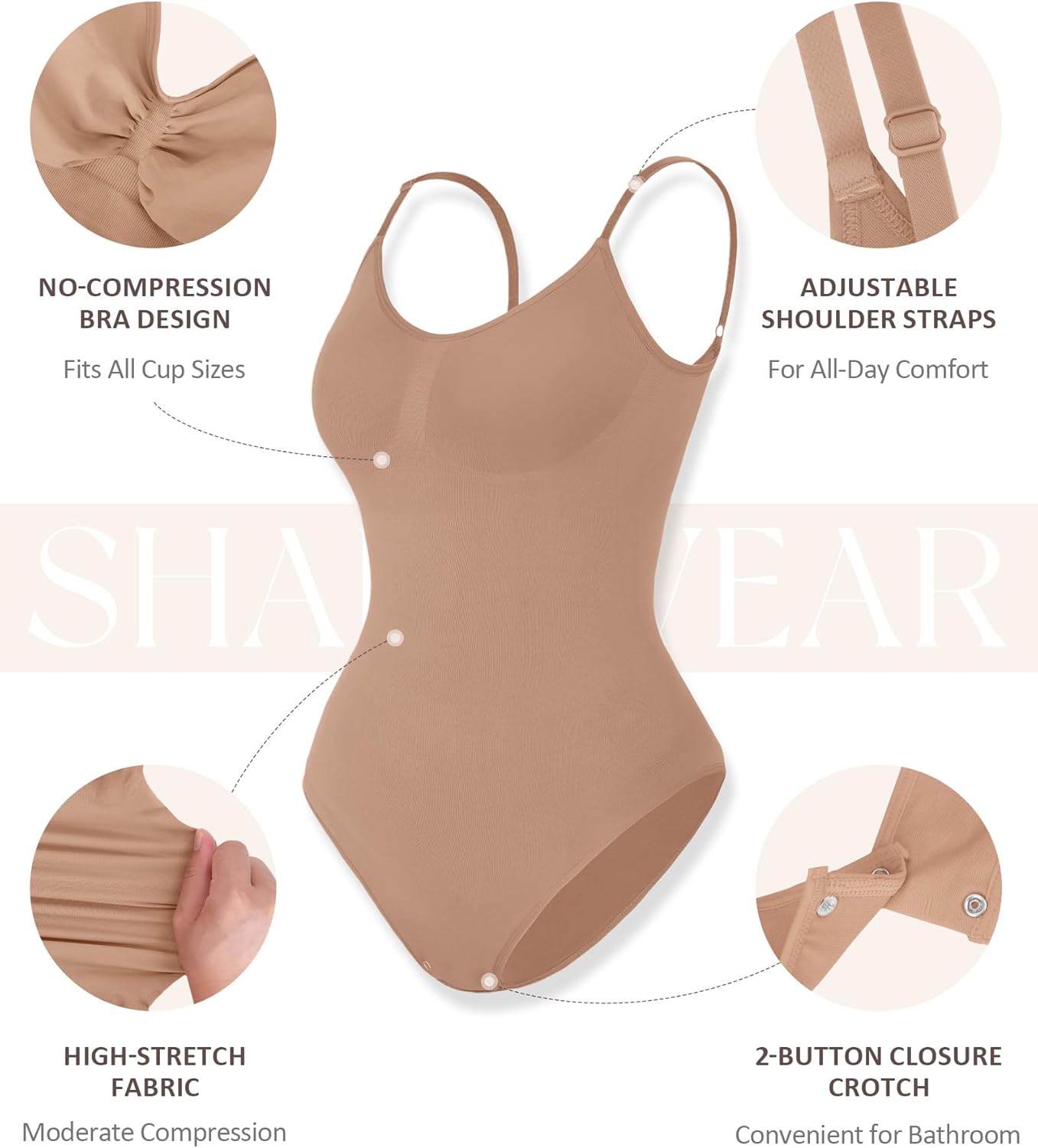 FeelinGirl Shapewear Tummy Control Bodysuit Seamless Body Shaper Shapewear Bodysuit for Women Brown M/L - Image 4