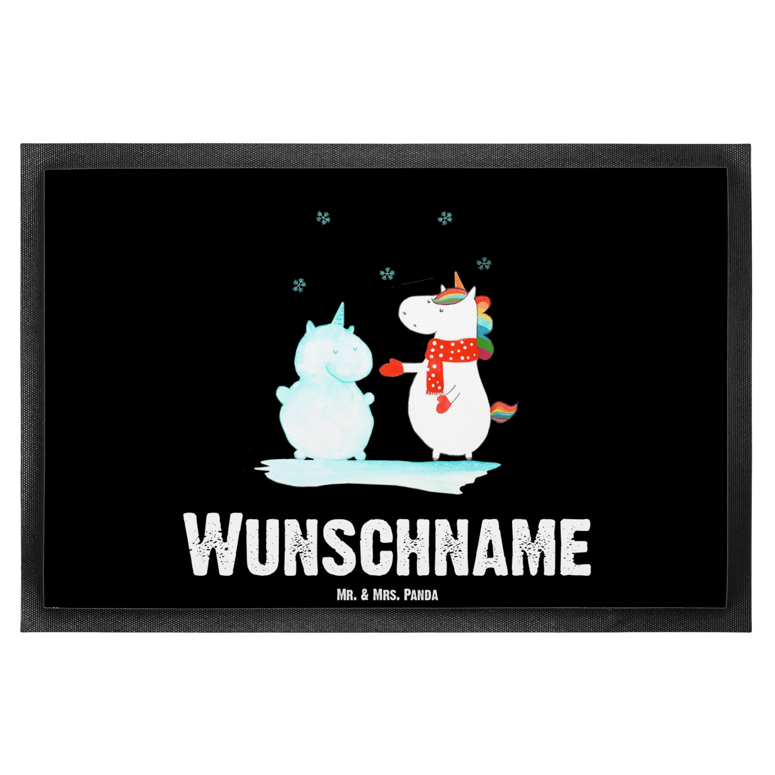 Mr. & Mrs. Panda Personalisierte Fussmatte Einhorn Schneemann 40 x 60 cm - Geschenke, personalisiert, Fußmatte personalisierbar, Schnee, Kuchen, Unicorn, mit Namen, kalt, Name, Mütze, Weihnachten