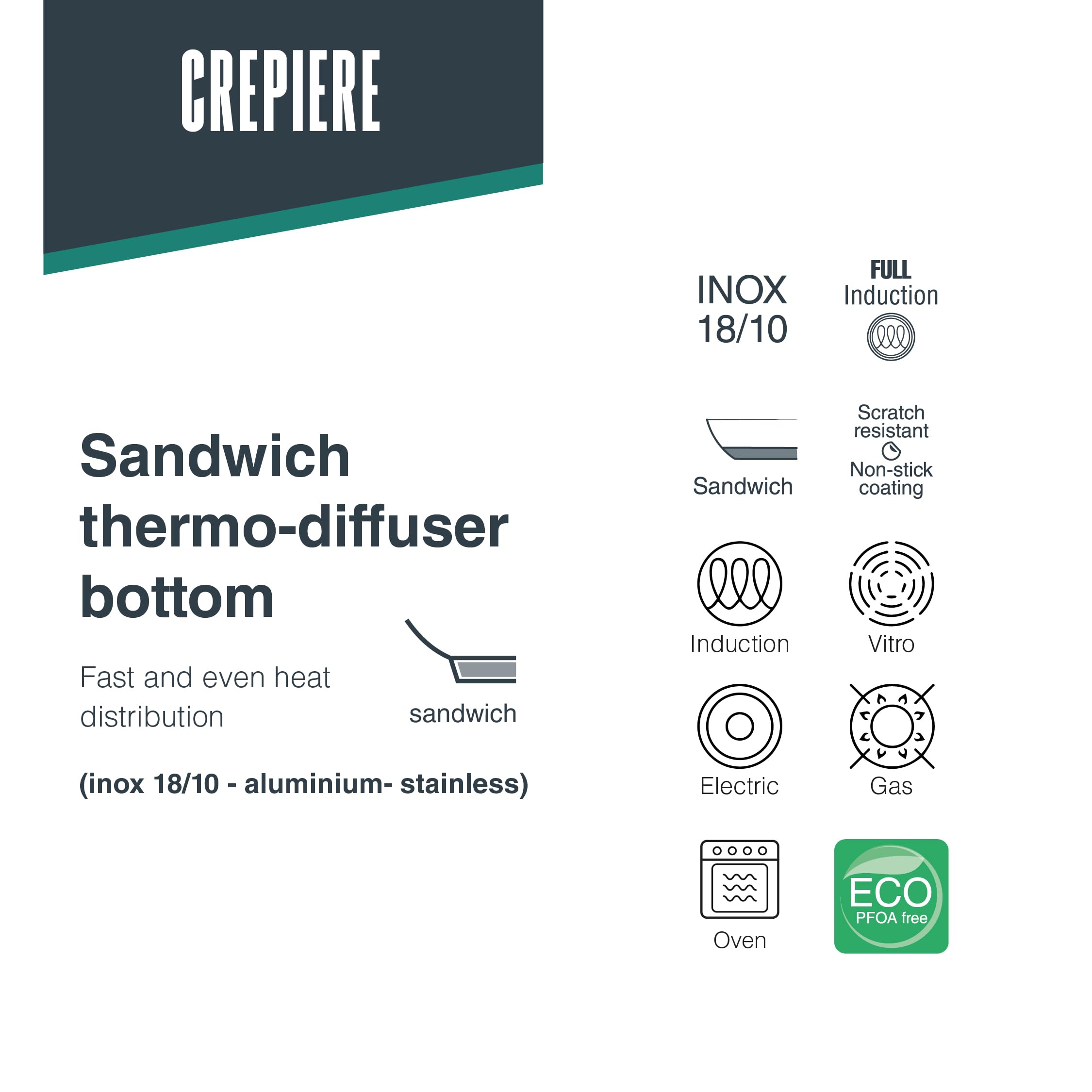 LACOR - 45829 - Crêpesmaschine für Feinschmecker, Edelstahl 18/10, PFOA-frei, ergonomischer Griff, Sandwich-Wärmediffusorboden, induktionsgeeignet und spülmaschinenfest, Ø28 cm