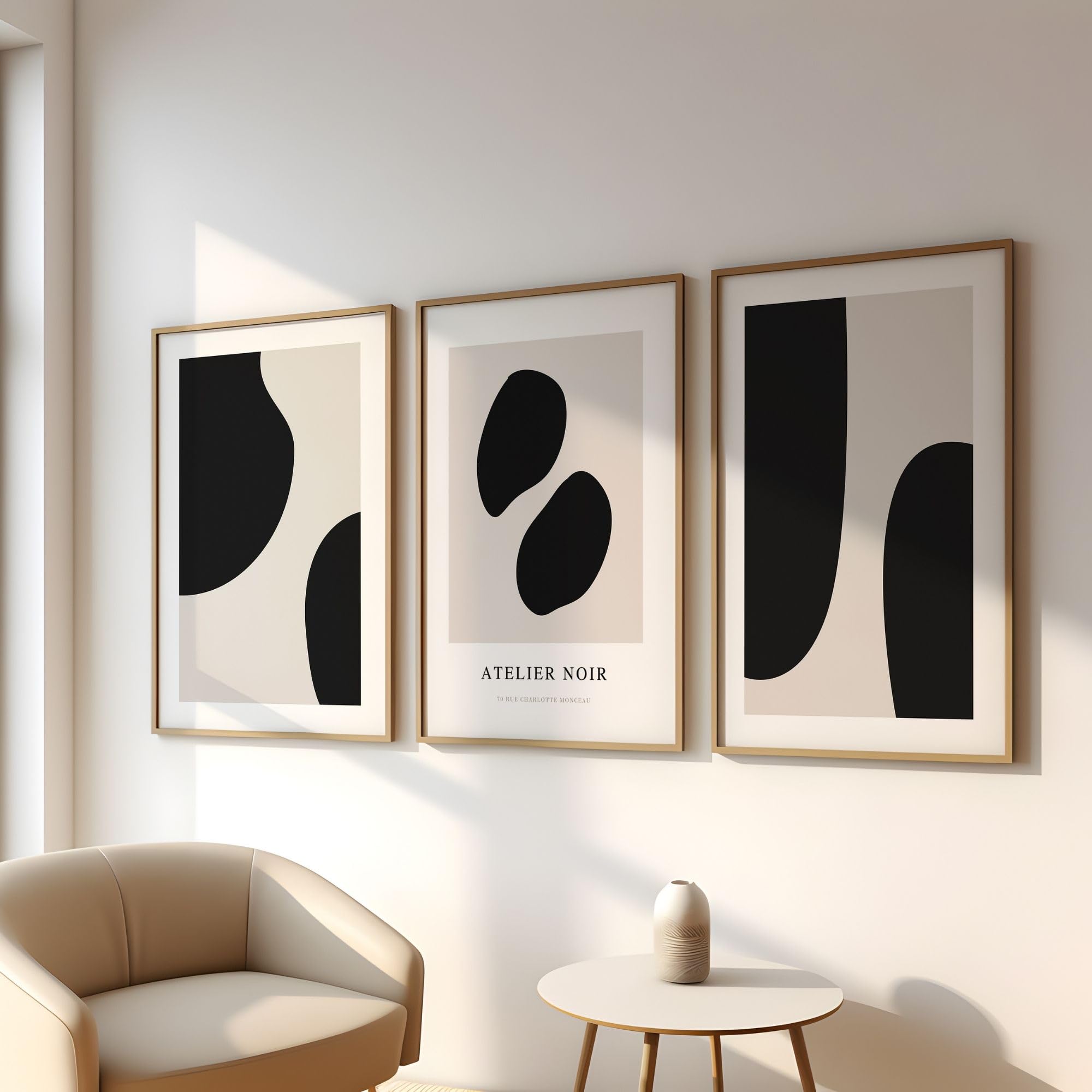 Lot de 3 posters - Beige et noir - Tableaux muraux abstraits - Posters (A2)