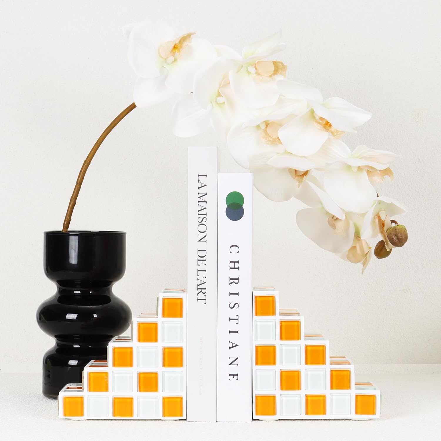 Decorative Bookends for Shelves - Stair Book Ends for Heavy Books - Unique Book Stopper & Holder for Shelves - Modern Home Decor Aesthetic Bookshelf Decor (Orange & White)