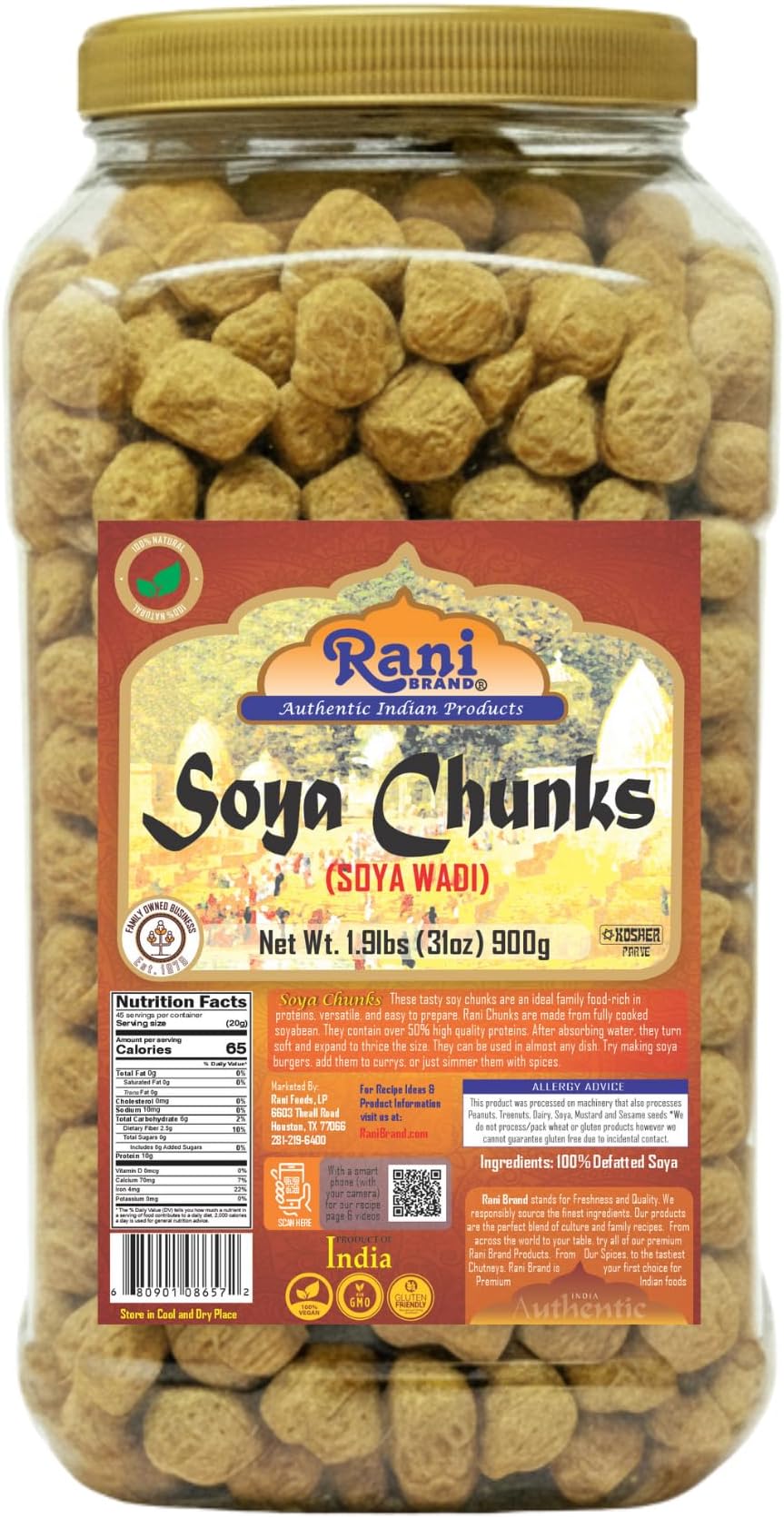 Rani Soya Chunks Nuggets (High Protien) Vadi, 31oz (1.9lbs) 900g ~ All Natural, Salt-Free | Vegan | No Colors | Gluten Friendly | NON-GMO | Kosher | Indian Origin | Meat Alternate Substitute