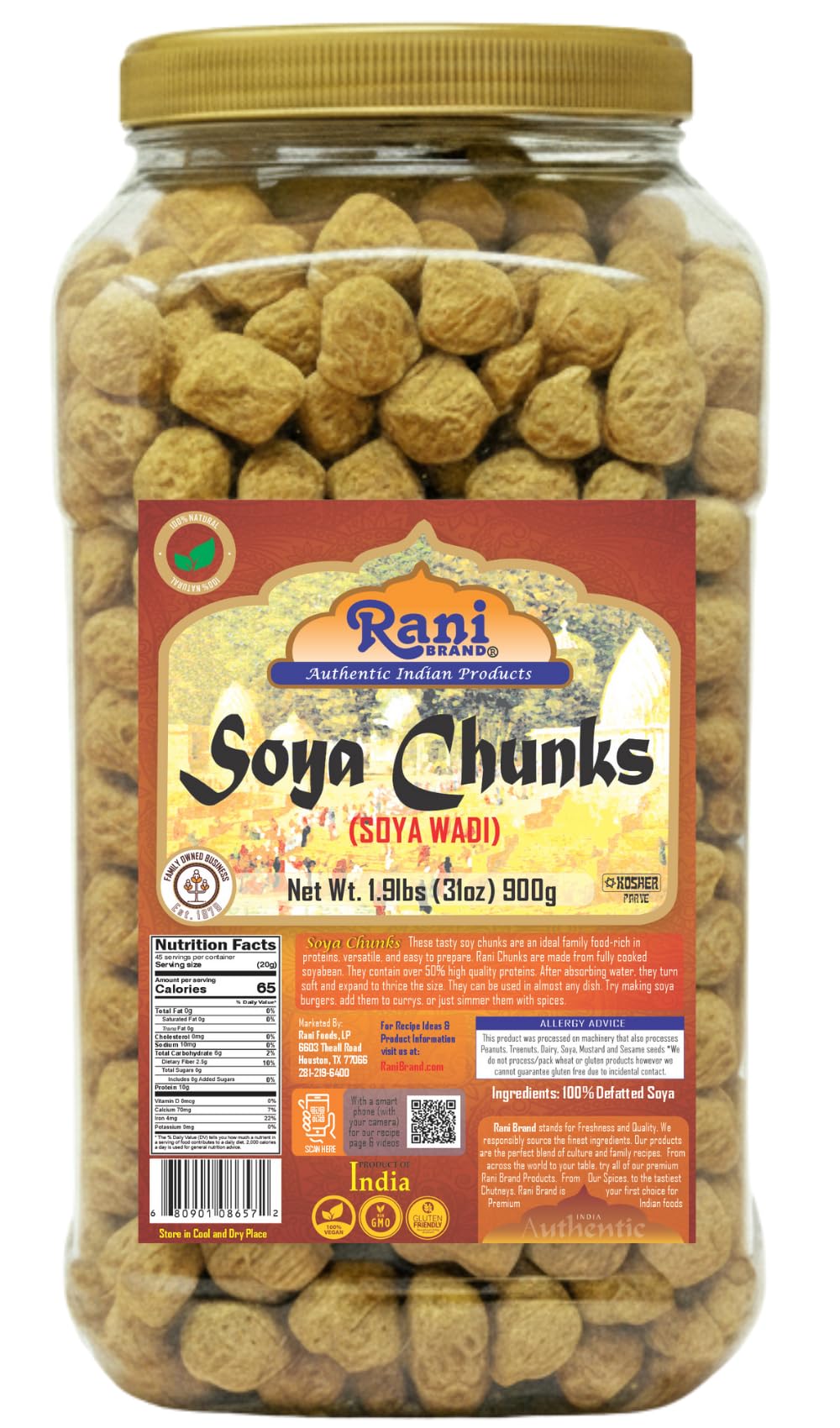Rani Soya Chunks Nuggets (High Protien) Vadi, 31oz (1.9lbs) 900g ~ All Natural, Salt-Free | Vegan | No Colors | Gluten Friendly | NON-GMO | Kosher | Indian Origin | Meat Alternate Substitute