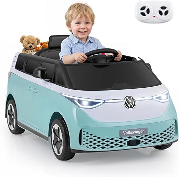 Costzon Ride on Car, 12V Licensed Volkswagen Kids Car Bus with Storage Compartment, Music, Story, Spring Suspension, LED Headlights, Electric Vehicles for Boys Girls Aged 3-7 Aqua Blue