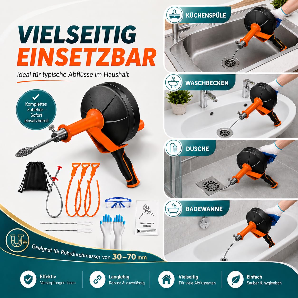 Rohrreinigungsspirale 13 m mit Bohraufsatz und verzinkter Abflussspirale | Abflussreiniger-Set mit Rohrspirale für Küche, Bad und Dusche, inkl. Greifkralle, Bürsten, Widerhaken-Reinigern und Schutzset