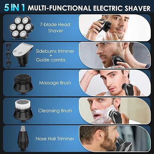 Miniatura 4 de Lighwode - Afeitadoras de cabeza para hombres calvos, impermeable, 7D, para mojadoseco, anti-pellizco, kit de aseo eléctrico LED inalámbrico 5 en 1,