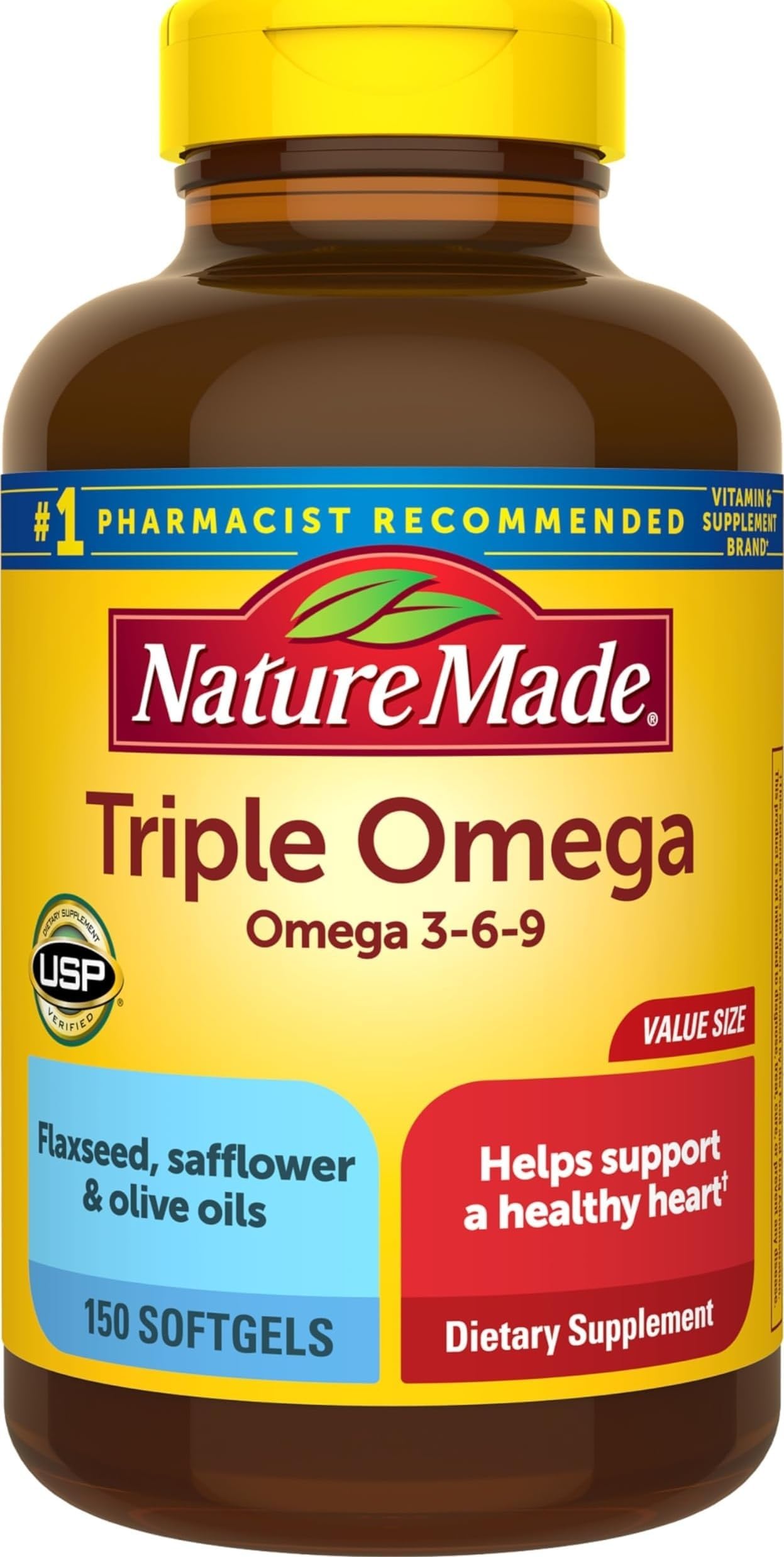 Nature Made Triple Omega 3 6 9 Supplements, 150 Softgels | Fish Free Omega 3 Fatty Acid Supplement with Flaxseed, Safflower & Olive Oils, Heart Health Support, 75 Day Supply