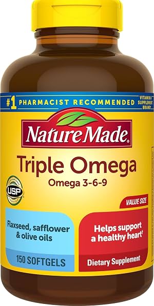 Nature Made Triple Omega 3 6 9 Suplementos, 150 Cápsulas Blandas | Suplemento de Ácidos Grasos Omega 3 Sin Pescado con Aceites de Linaza, Cártamo y Oliva, Apoyo a la Salud del Corazón, Suministro para 75 Días, Cápsulas Blandas, 150 Unidades (Paquete de 1)