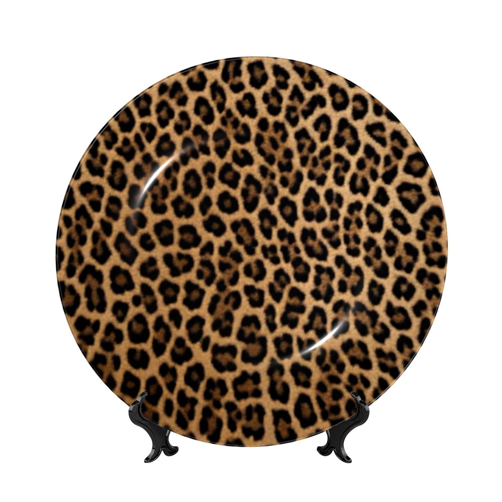 CBXYFCBC Stylish Leopard Print Bone China Decorative Plates With Display Stand, Cute 6 Inch, 7 Inch,8 Inch,10 Inch, Decorative Porcelain Dinner Plates For Home, Office, And Study Decor