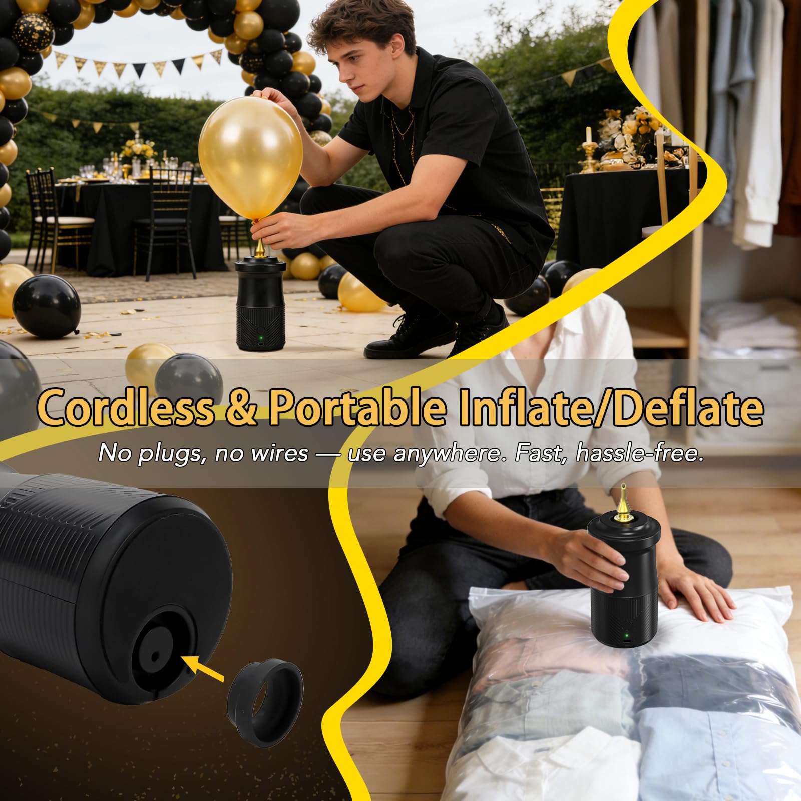 PlusFive Kabellose elektrische Ballonpumpe, Typ-C wiederaufladbare Luftpumpe mit 2000 mAh Akku und 3 Düsen für runde / Folien/260Q lange Luftballons, zum Aufblasen und Staubsaugen, batteriebetriebene