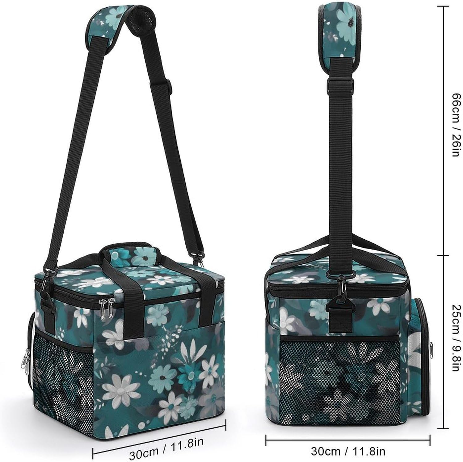 Large-Capacity Oxford Cloth Teal Grey and White Floral Printed Camping Ice Bag, Outdoor Portable Insulation and Cold Storage Bag, Enjoy A Cool Camping Time