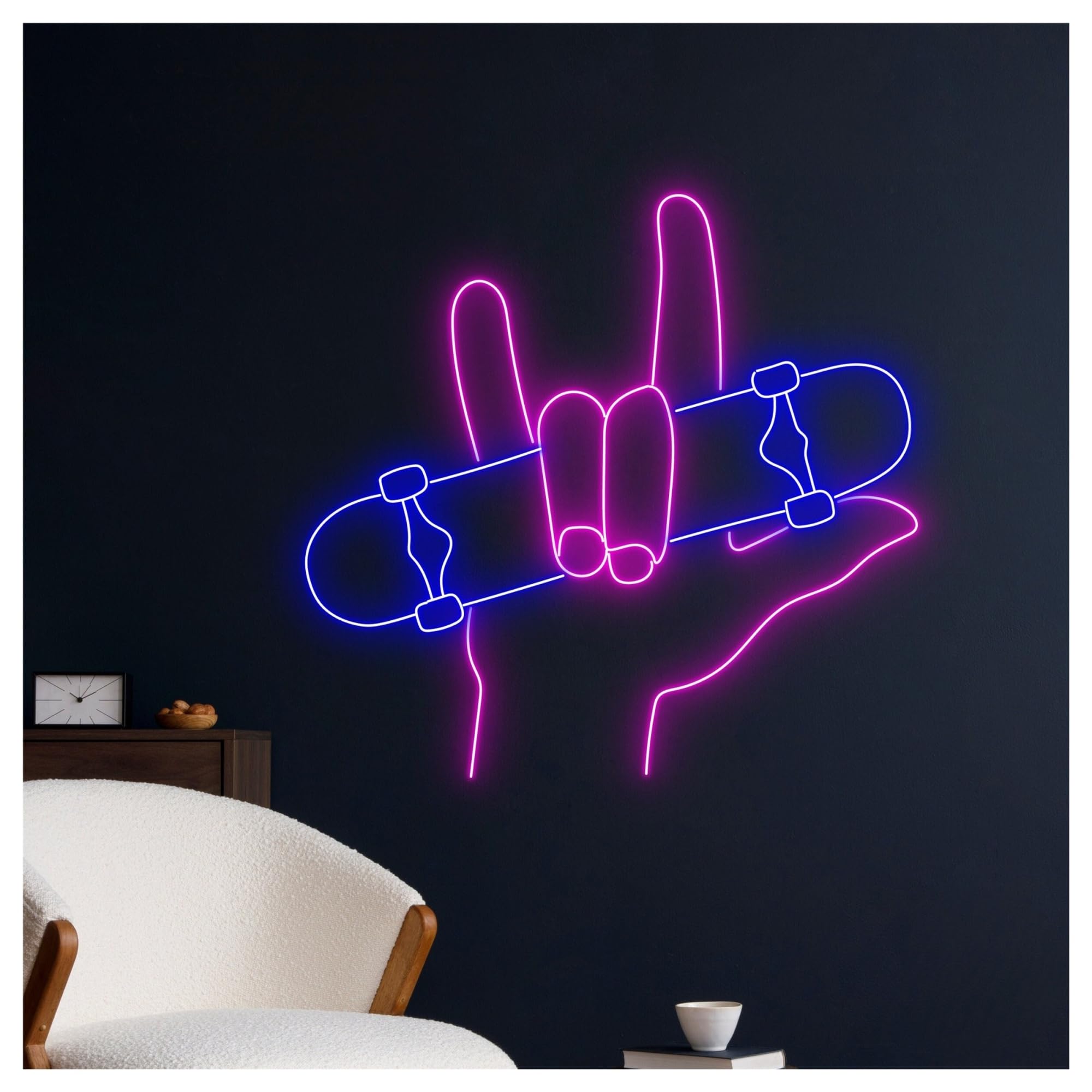 Wiszące neony artystyczne Neon Z Napisem "Skateboarding Love Hand" Motywem Deskorolkarza, LED Light, Dekoracja Ścienna Do Pokoju Klubowego, 55cm