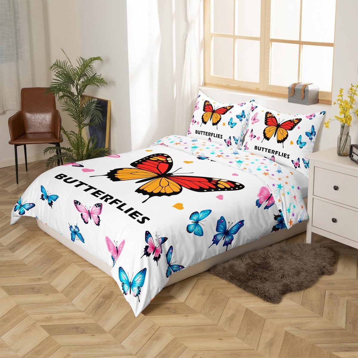 Erosebridal Butterfly Bedding Set Colorful Butterflies Toddler Duvet Cover for Girls Teens Cute Butterfly Print Comforter Cover Chic Animals Blue and Pink Room Decor Bed Set for Child