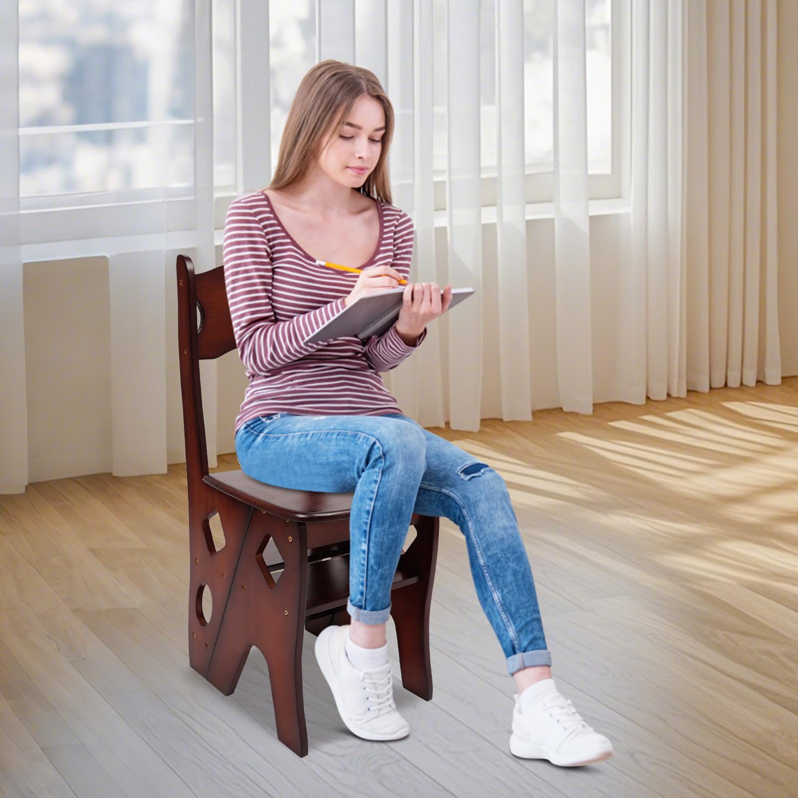 Chaise pliante-marchepied à 4 marches en bois pliable - Escabeau convertible et chaise d'escalier - Échelle multifonction, capacité de charge 100 kg, pour usage intérieur et extérieur (Noyer)