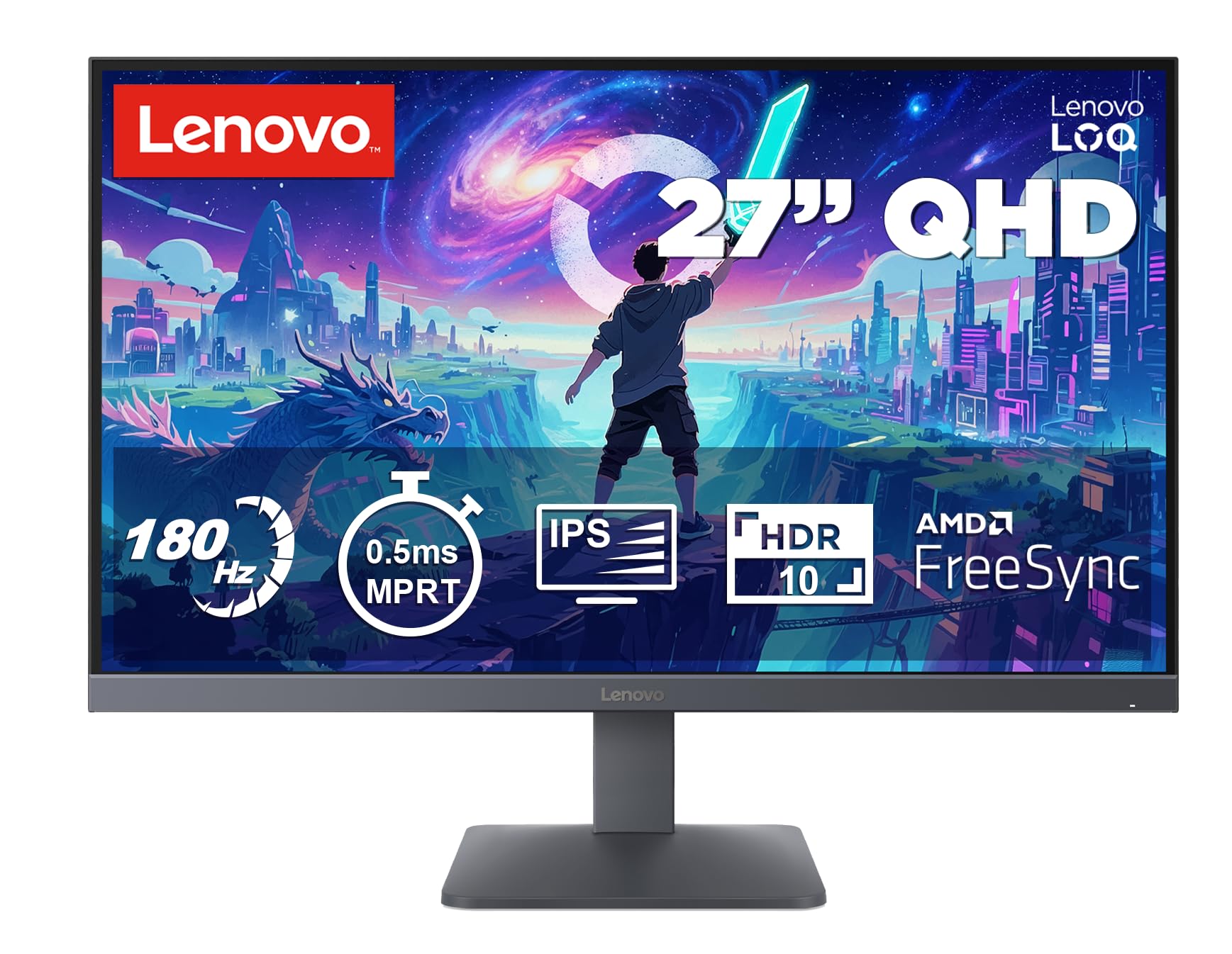 Lenovo LOQ 27Q-10 | 27" (68.5cm) QHD (2560x1440) IPS 180Hz Gaming Monitor | 0.5ms, HDR10 Compliance, AMD FreeSync, 99% sRGB, 2xHDMI 2.1 TMDS, 1xDP 1.4| Tilt | Lunar Grey | 68F3GACBIN-image-11