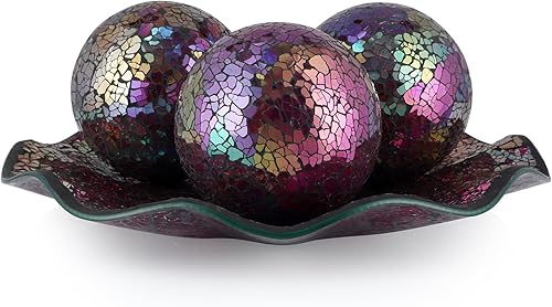 MDLUU Juego de cuencos y bolas de centro de mesa, bandeja de mosaico con 3 esferas, plato decorativo de 12 pulgadas con orbes de mosaico de 4