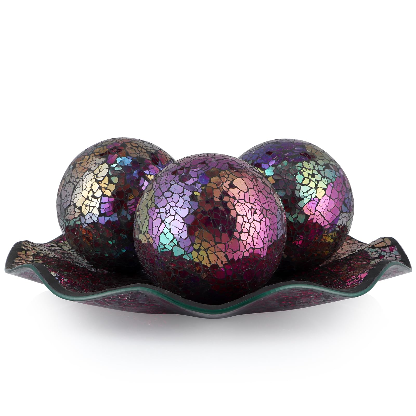 Centerpiece Bowl and Balls Set, Mosaic Tray with 3 Pieces Spheres, 12" Decorative Plate with 4" Mosaic Orbs for Home Decor, Gift (Multicolored Purple)