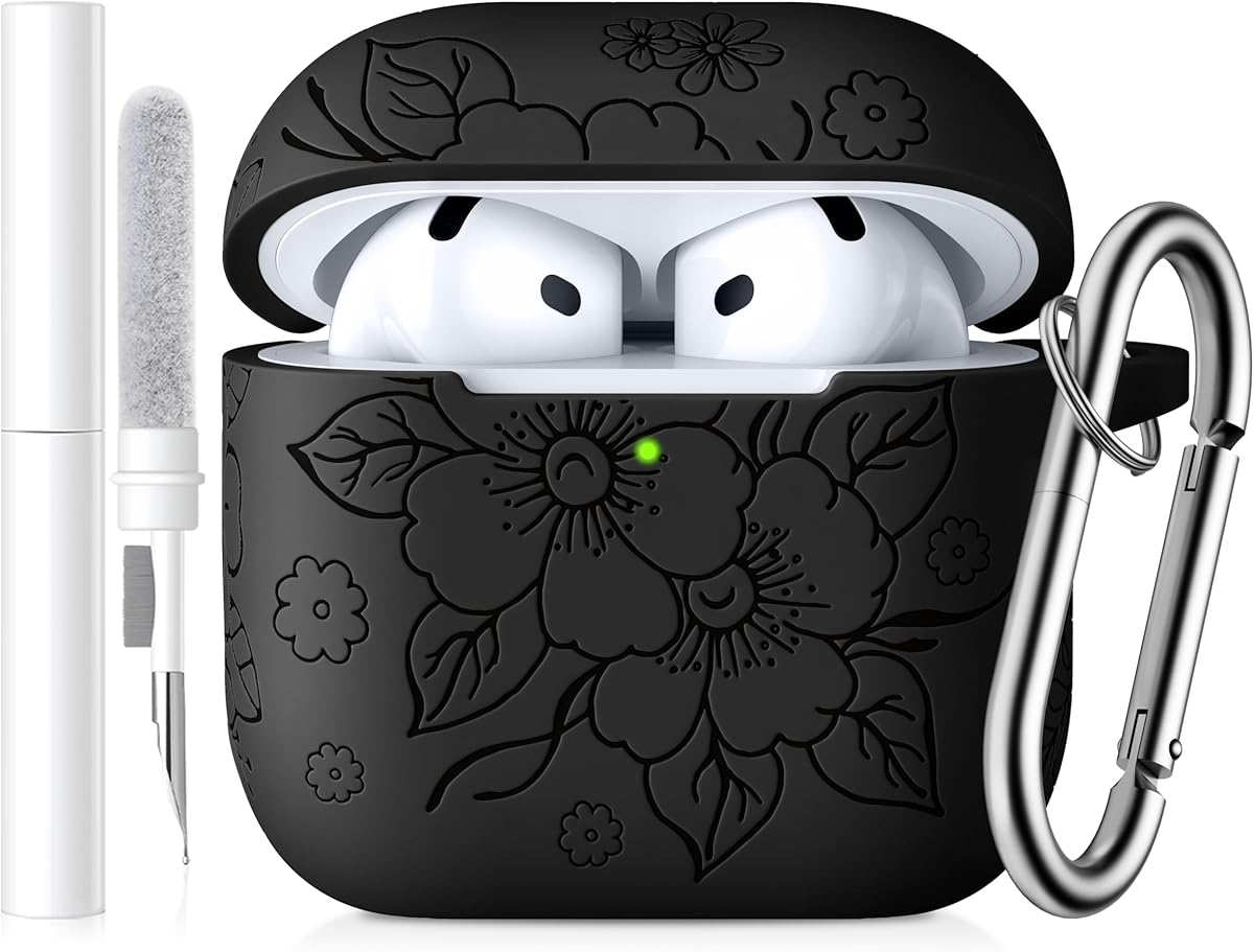 Floral Engraved Case for AirPods 4th Generation Case Cover 2024, Soft Silicone Full Protective for AirPods 4 for Women Men, for AirPod 4 Comes with Cleaner Kit, Keychain, Black