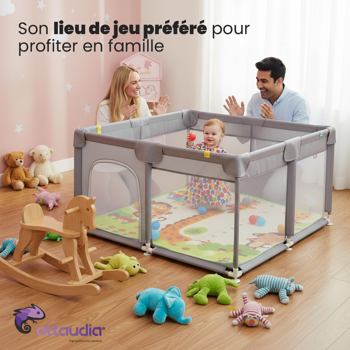 Parc pour bébé 120 x 120 cm + tapis + 50 balles + sacs de transport – avec filet respirant – de jeux amusant pour bébé - Gris