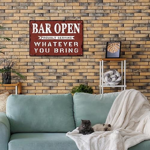 Miniatura 7 de Letrero de metal abierto vintage con texto en inglés "Orgullosamente sirviendo lo que traigas", placa de hojalata para el hogar, bar, hombre, cueva,