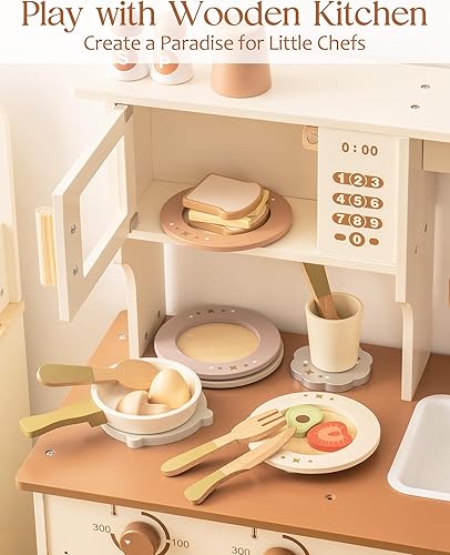 Miniatura 9 de ROBOTIME Juego de platos de cocina de juego, 29 platos de madera para niños y niñas, regalos