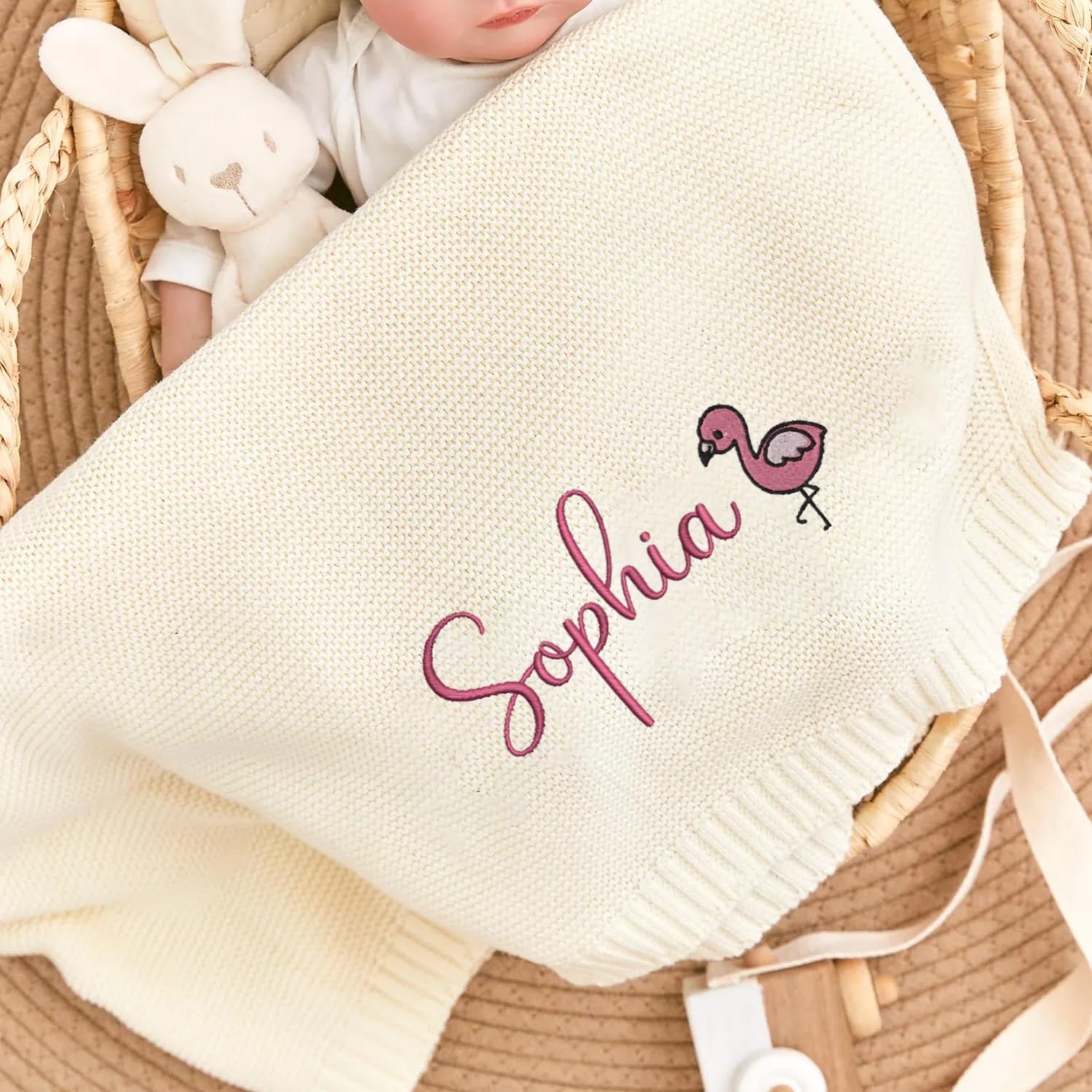 Coperta Personalizzata In Cotone Lavorata A Maglia Con Nome, Nome E Motivi Ricamati, 76 X 102 Cm, Coperta Cellulare Personalizzata Per Passeggino Neonato, Regalo Per Neo Mamme