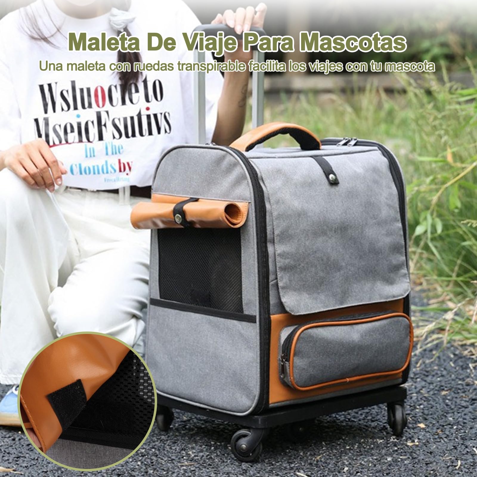 Galatée Transportín con Ruedas para Mascotas, Tela Oxford, Transportín Arrastrable, 3 En 1 con Asa De Transporte/Asa/para Llevar Al Hombro, Diseño a Prueba De Fugas(Gris)