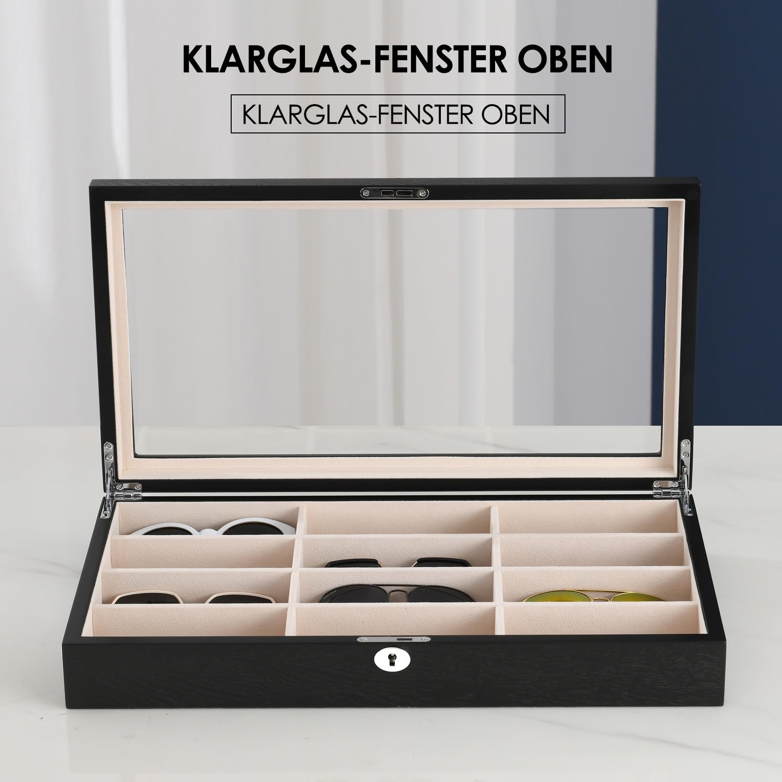 Brillenbox Brillenaufbewahrung Aufbewahrungsbox Sonnenbrillen Case von 12 Brillen Sonnenbrillen Aufbewahrungsbox Die holzkiste mit Schlüsselschloss brillenständer (12 Schlitze - Schwarzes Holz)