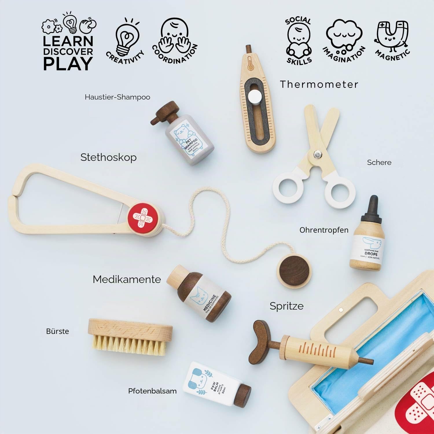 Le Toy Van Arztkoffer aus Holz für Kinder, 3 Jahre, Montessori Spielzeug, komplette Stofftasche, 10 Teile, inklusive Zubehör, FSC-zertifiziertes Holz
