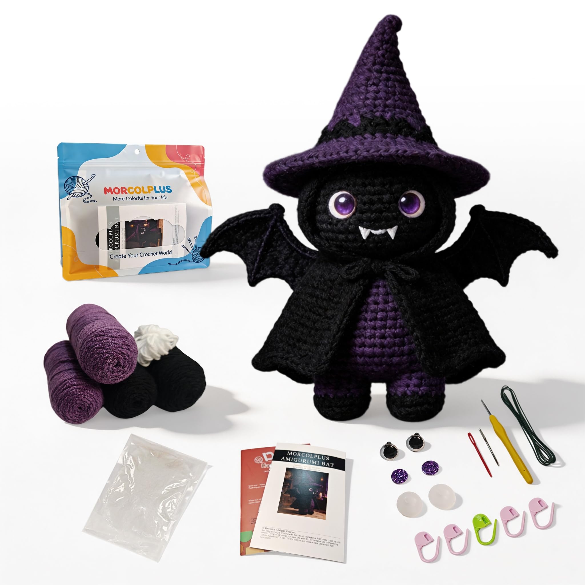 Morcolplus Kit de ganchillo de murciélago para principiantes y adultos, kit de iniciación de ganchillo gótico de murciélago amigurumi con tutoriales en video y todos los materiales incluidos, kit de