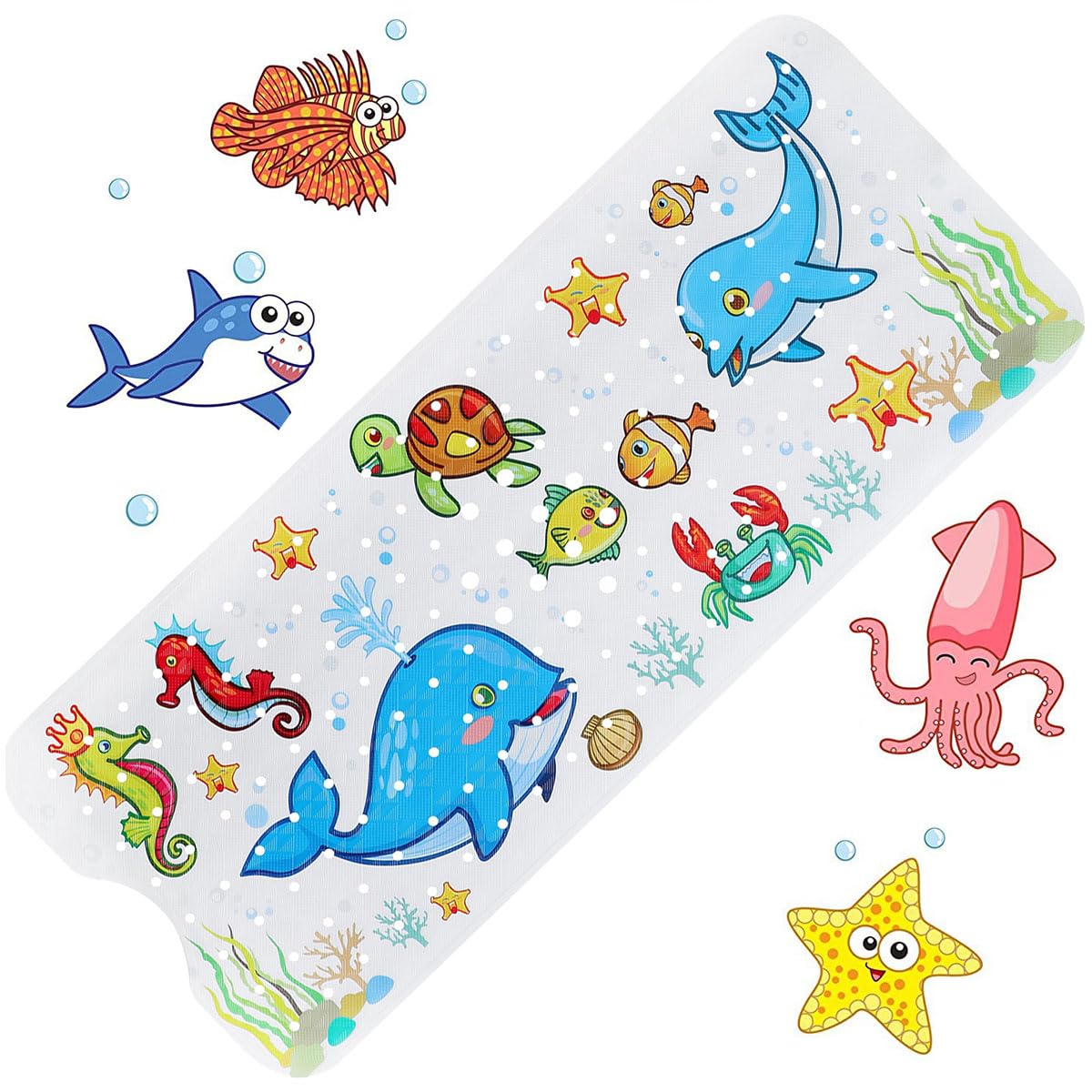Baby Bath Mat for Tub Non Slip, Extra Long 40 X 16 Inch, Cartoon Patterned With Suction Cups & Drain Holes, Kids Bathtub Mat Baby-Friendly for Shower