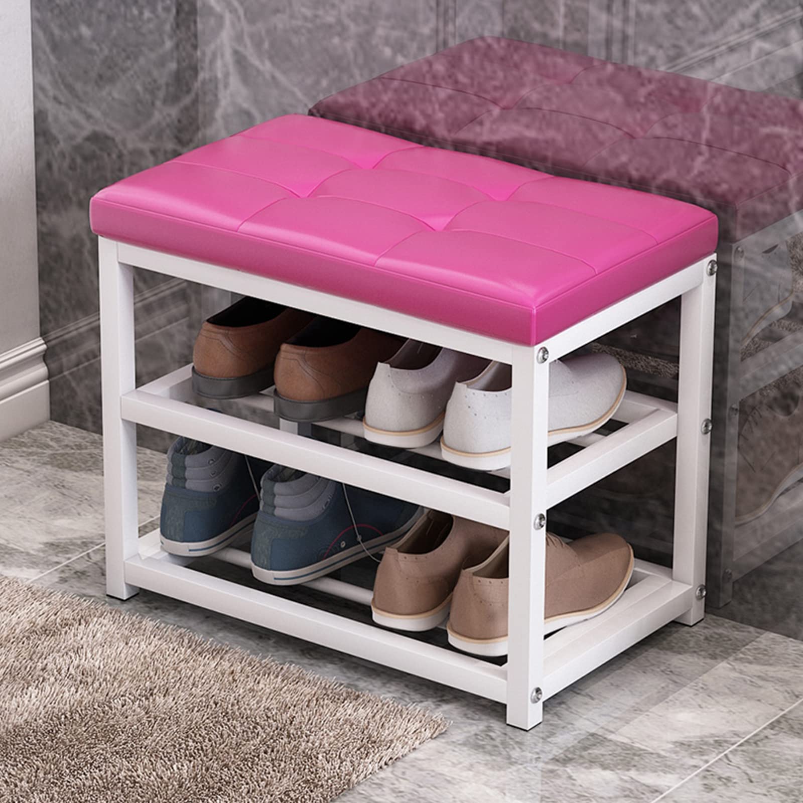 Banc à chaussures rose rouge 3 niveaux avec assise rembourrée pour entrée chic