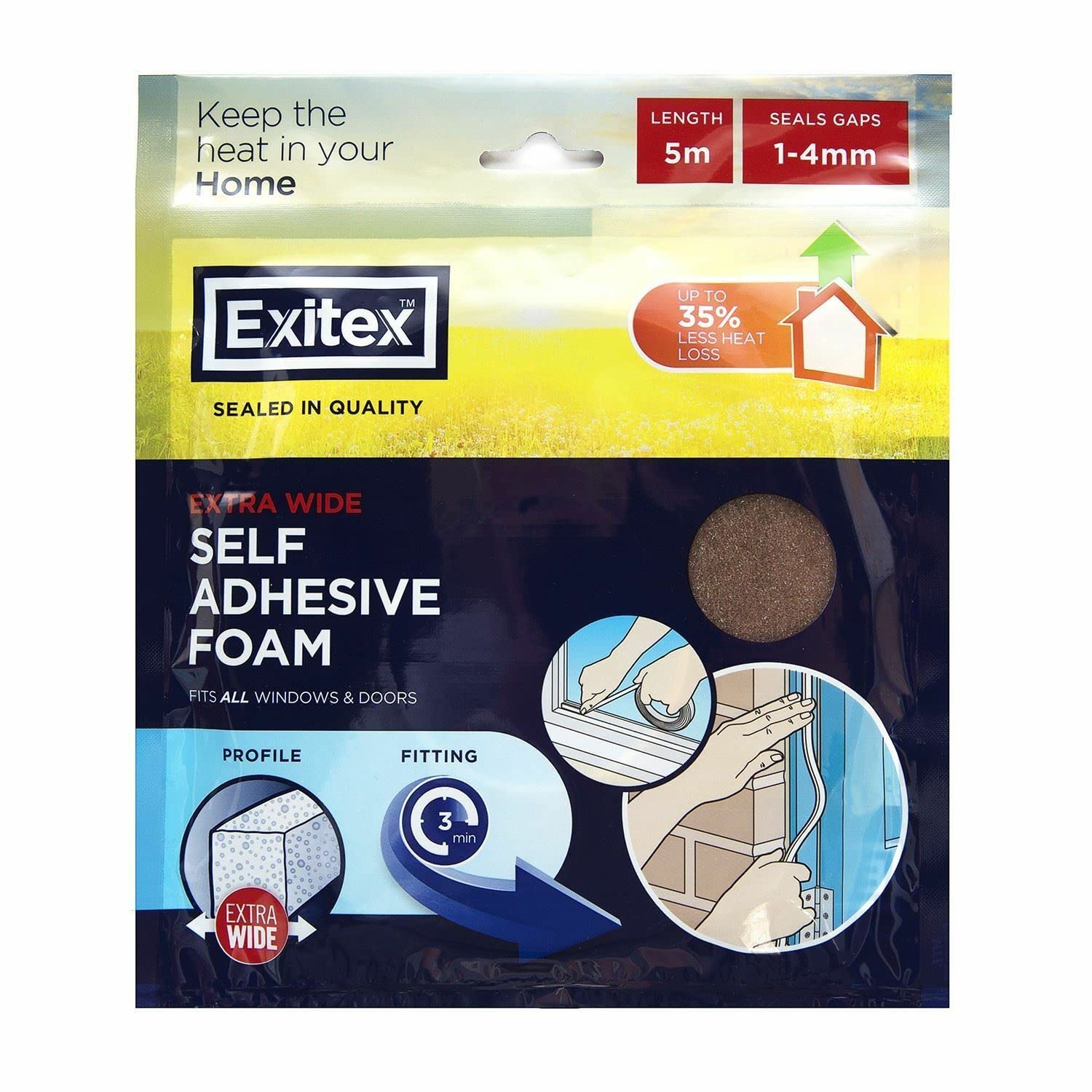 Exitex Self-Adhesive Extra Wide Foam Draught Excluder Brown