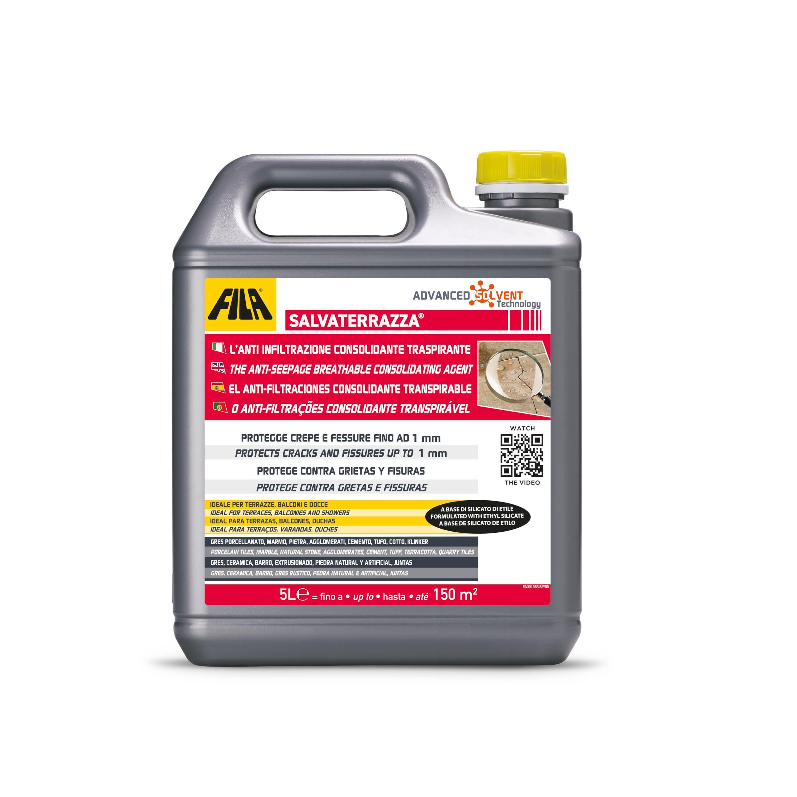 FILA Surface Care Solutions SALVATERRAZZA 5L Repelente al Agua para terrazas y Exteriores de acción consolidante y antifiltración, No aplicable, 5 l (Confezione da 1)