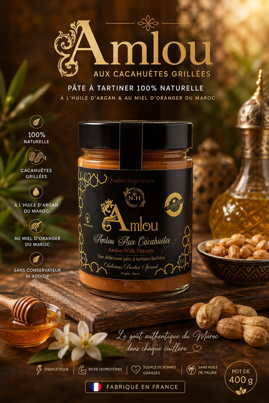 Amlou con Cacahuetes Tostados, Aceite de Argán y Miel de Azahar de Marruecos – Tarro de 400 g